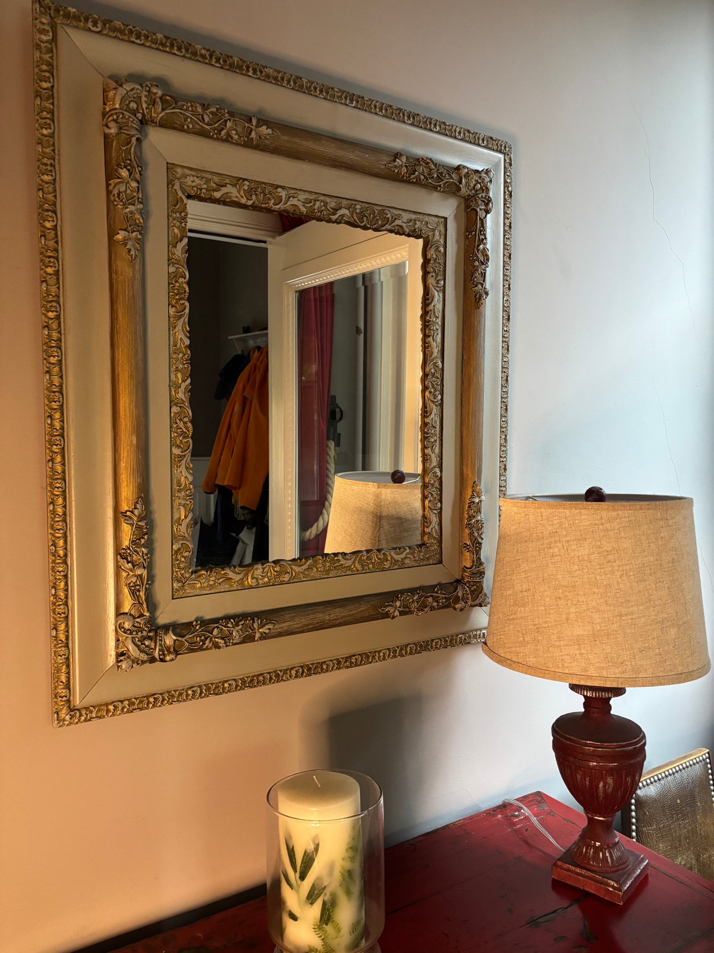 Grey rectangular mirror  with golden decorative molding