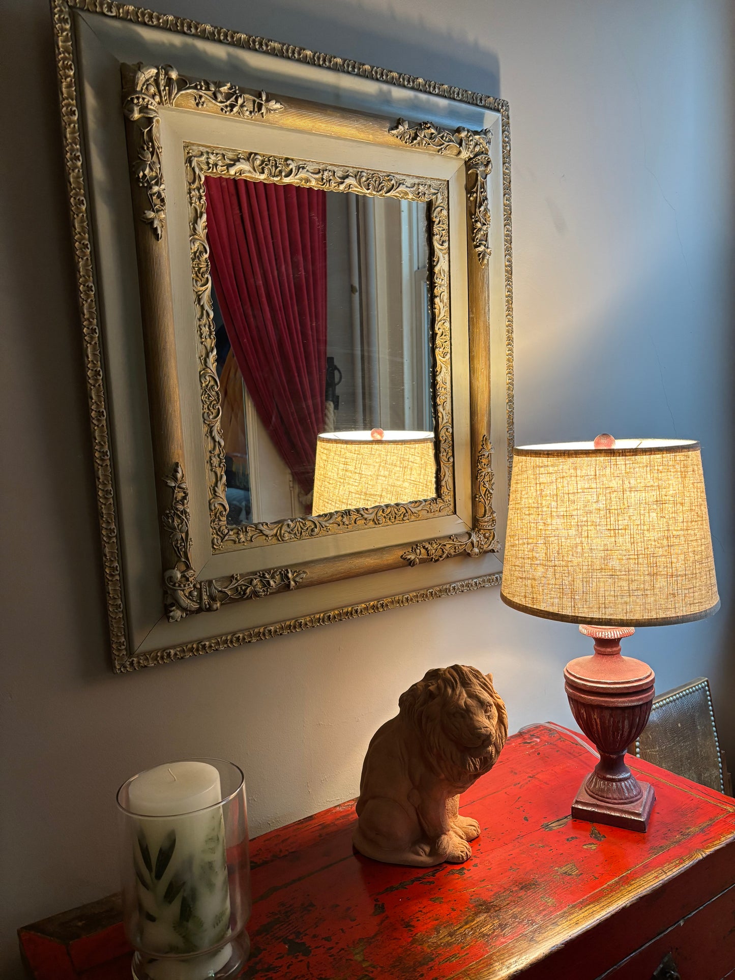 Grey rectangular mirror  with golden decorative molding