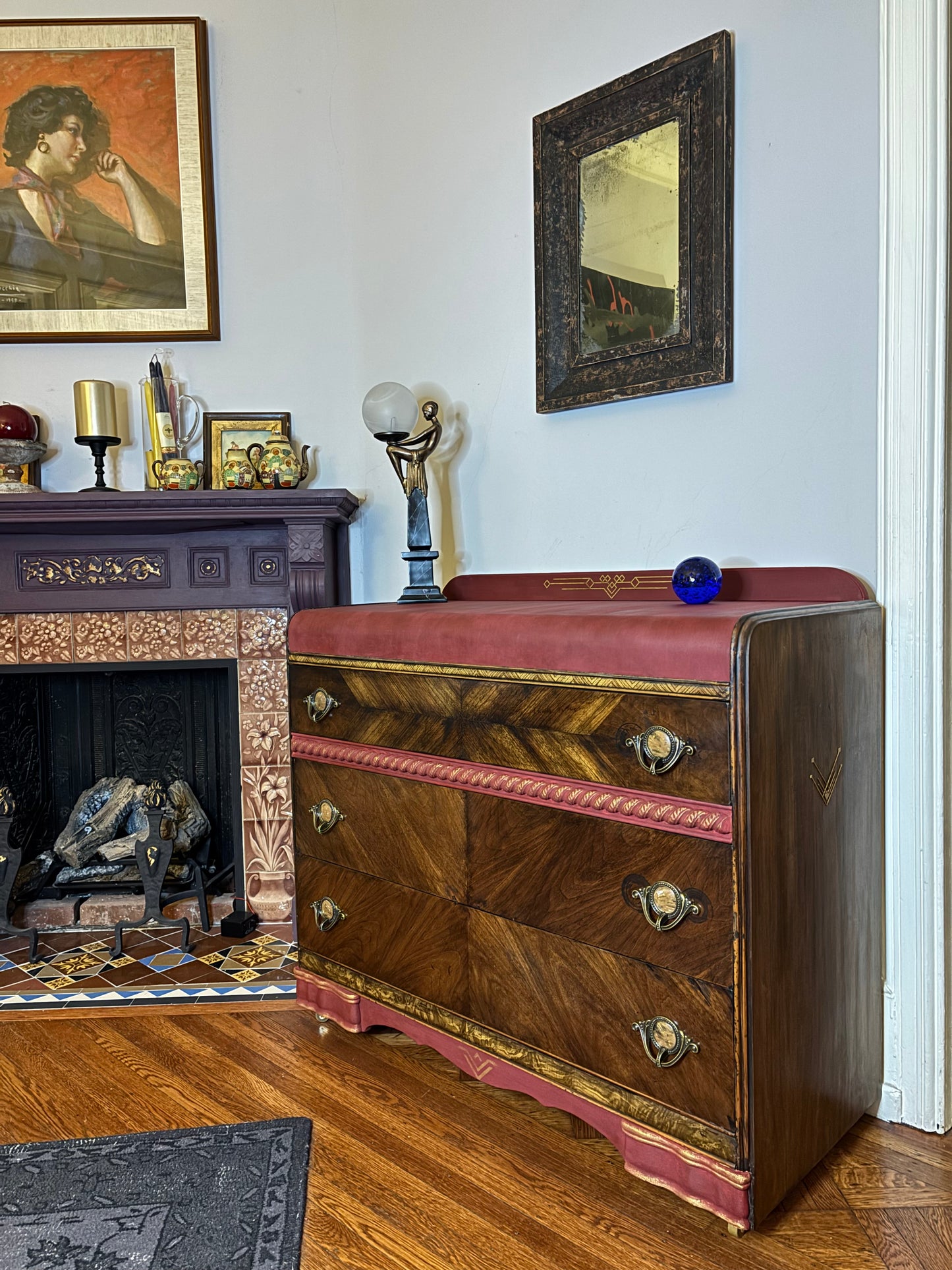 Art deco waterfall dresser - Burgundy top and bottom- Espresso veneer front and frame, gold accents