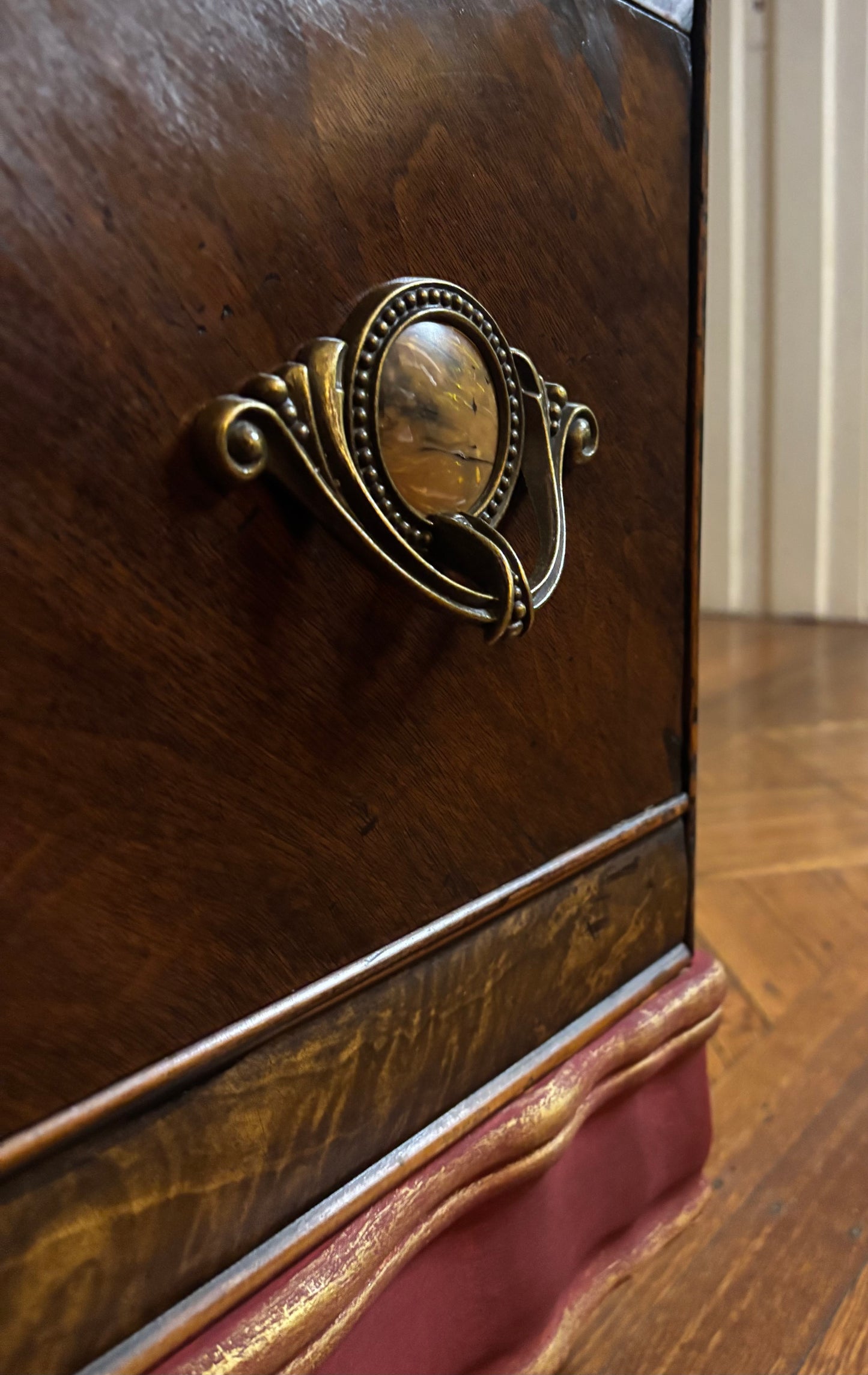 Art deco waterfall dresser - Burgundy top and bottom- Espresso veneer front and frame, gold accents