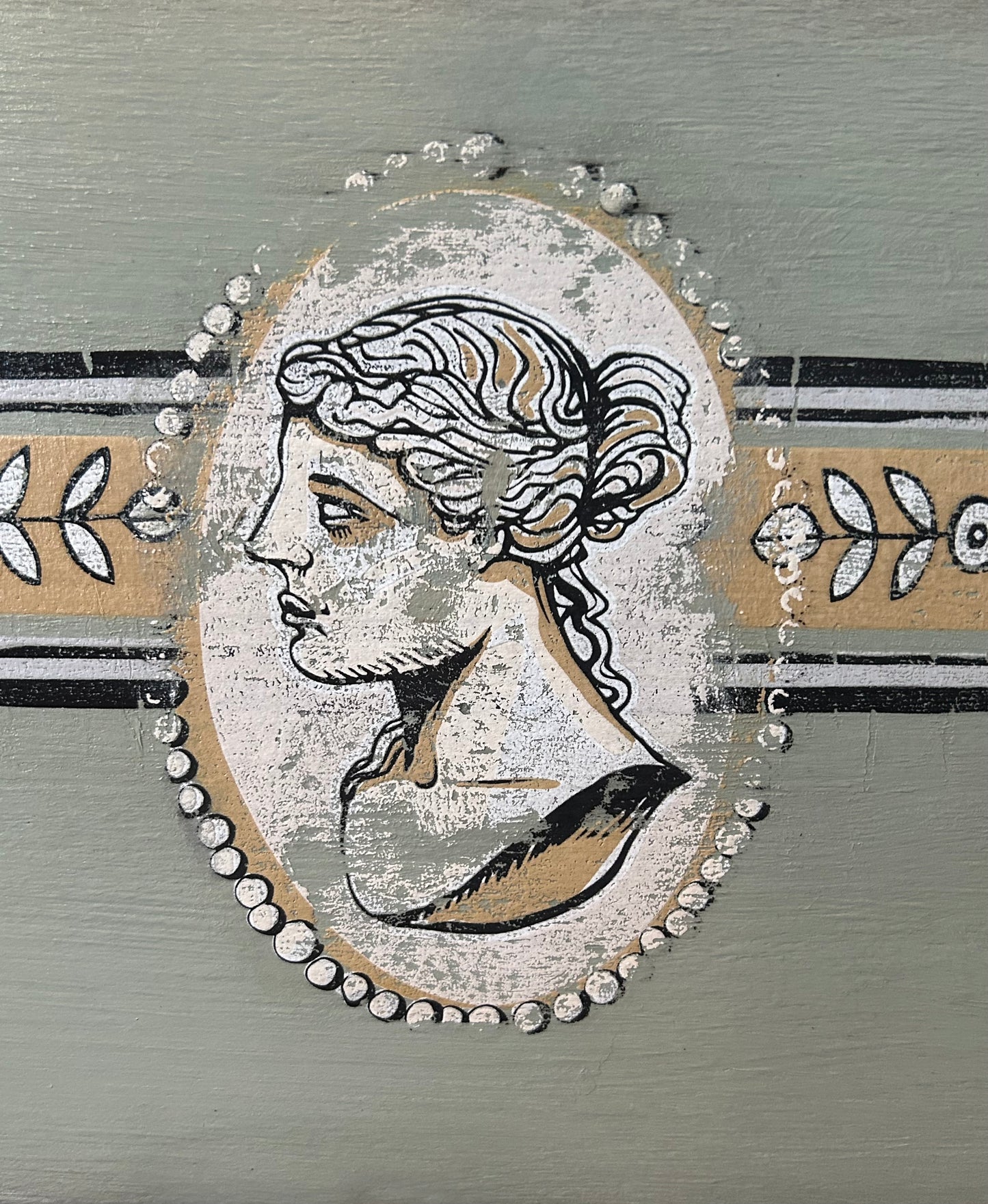 Solid pine chest of drawers in Annie Sloan Coolabah Green, Country Gray and French Linen Chalk Paint®,“Classical Cameos” IOD/AS inlay