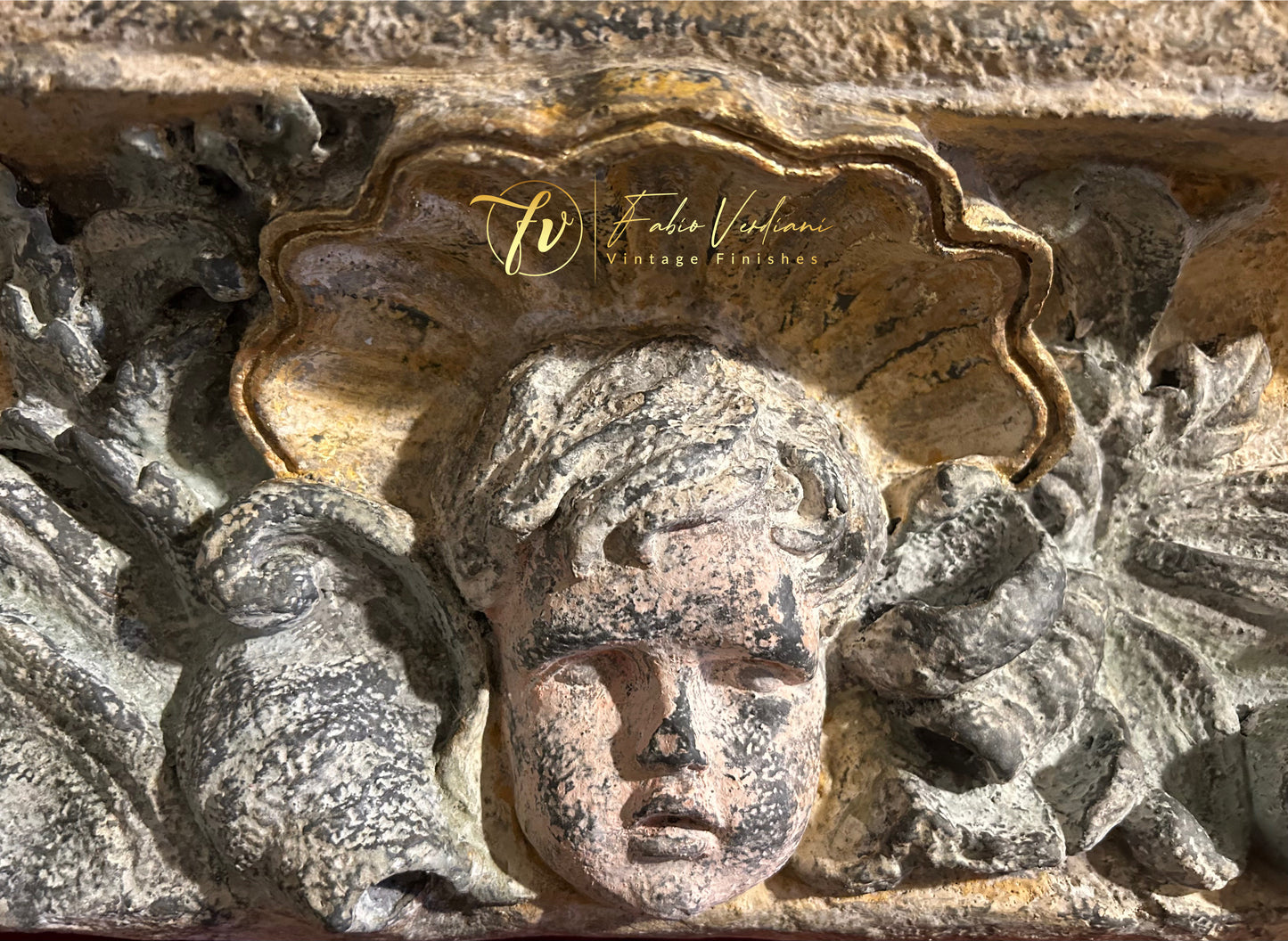 Shell-crowned guardian angel architectural accent. Annie Sloan Whistler Gray, 3 tones of milk paint, wash in Annie Sloan Old White.