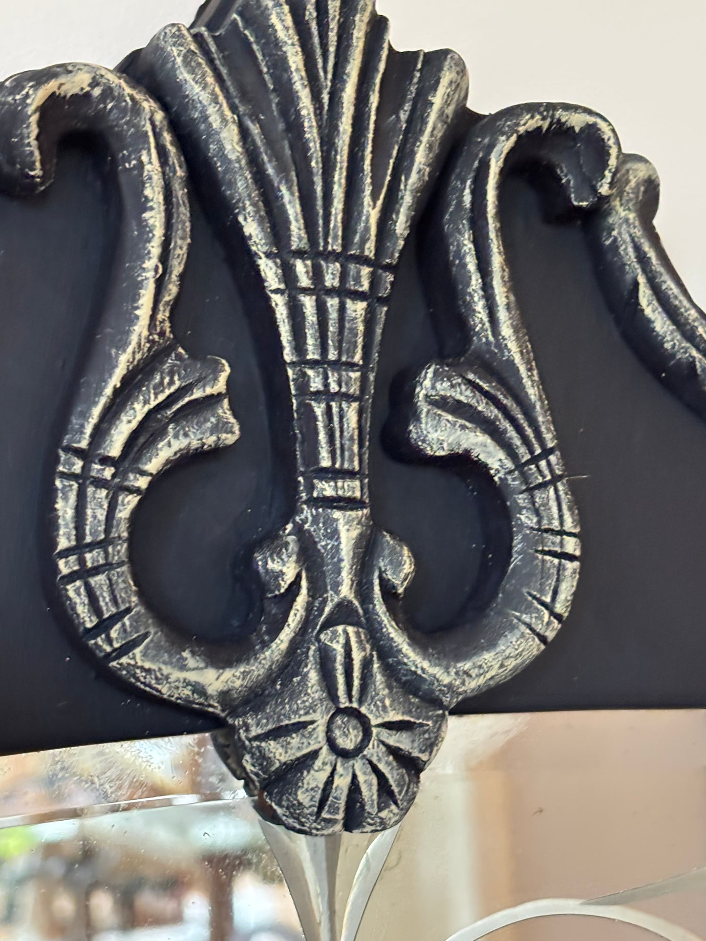 A one-of-a-kind Art Deco mirror featuring an original etched beveled mirror, rich midnight blue finish, and hand-burnished silver accents that capture the timeless glamour of the Jazz Age