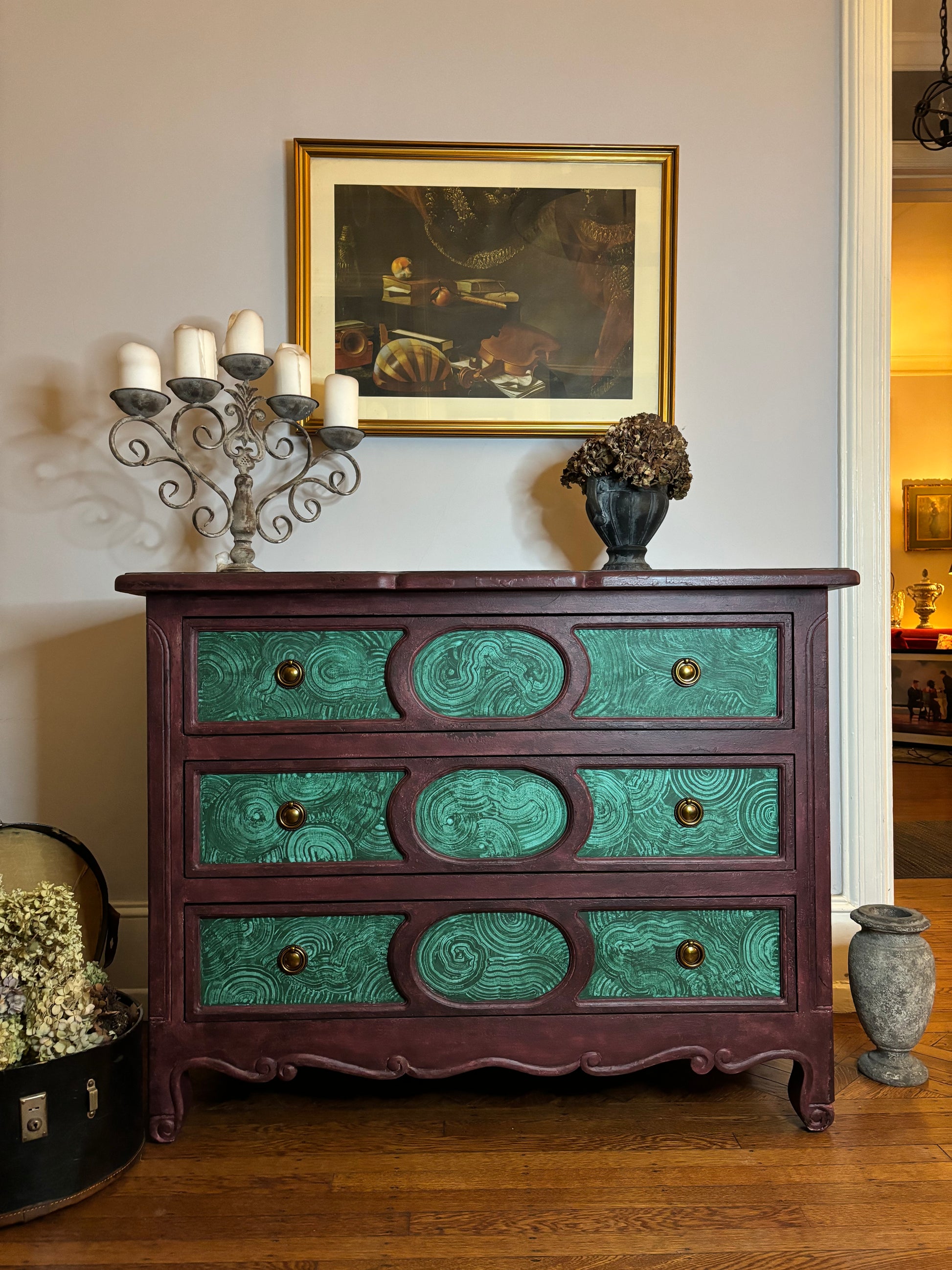 Large vintage dresser, plum frame, faux malachite inserts, brass hardware Large vintage dresser, plum frame, faux malachite inserts, brass hardware