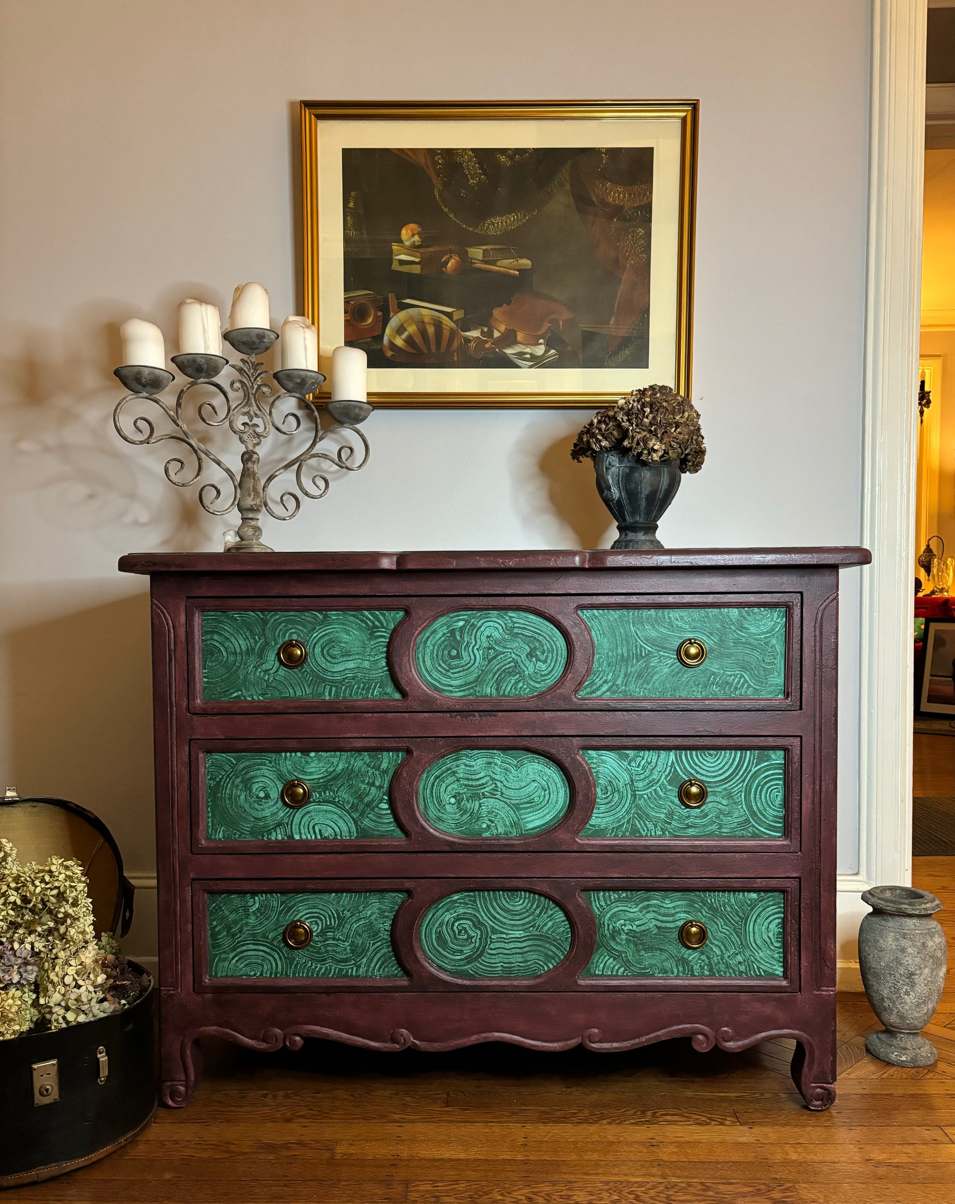 Large vintage dresser, plum frame, faux malachite inserts, brass hardw Fabio Verdiani Designs Large vintage dresser, plum frame, faux malachite inserts, brass hardw Fabio Verdiani Designs