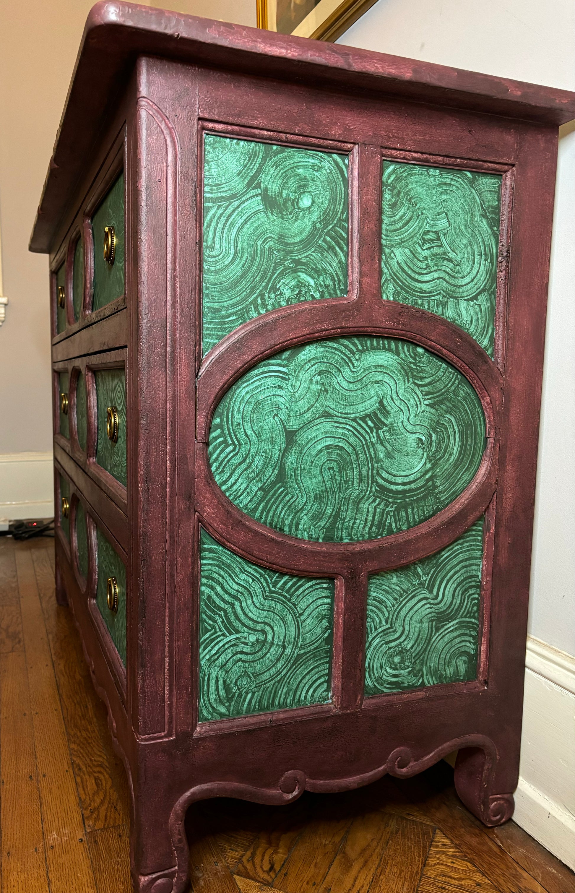 Large vintage dresser, plum frame, faux malachite inserts, brass hardw Fabio Verdiani Designs Large vintage dresser, plum frame, faux malachite inserts, brass hardw Fabio Verdiani Designs