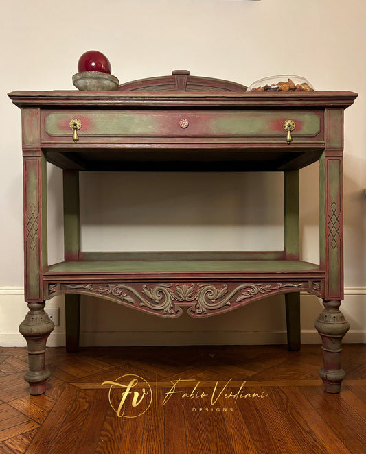 Service console table - butler’s pantry open bottom shelf - Burgundy and Olive Green, distressed with moldings and stencil front view