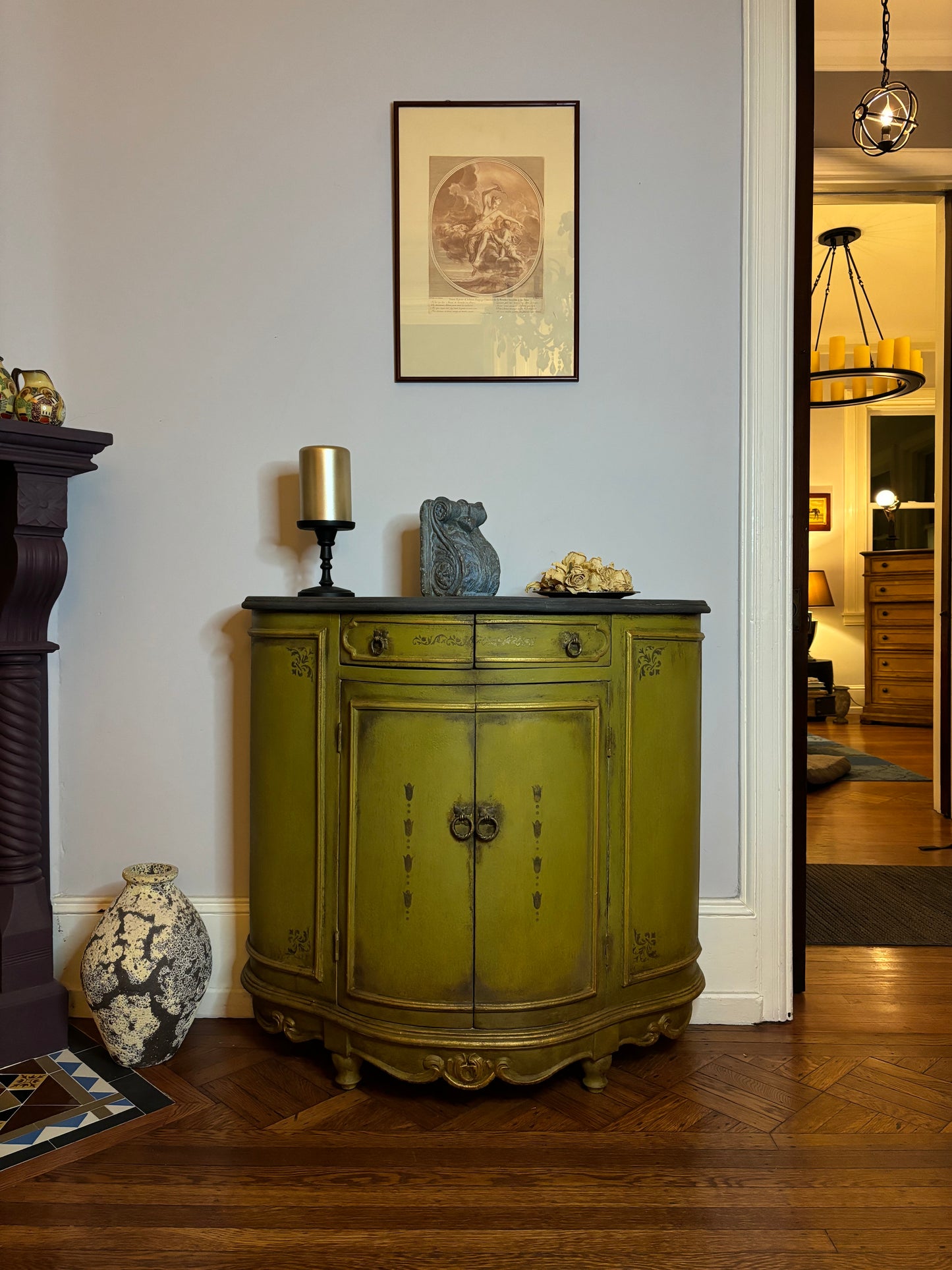 Small Round Italian Credenza - Olive Oil Green Body, Graphite Top, Stenciled Details,  Gold Trims – Tempera Technique Front