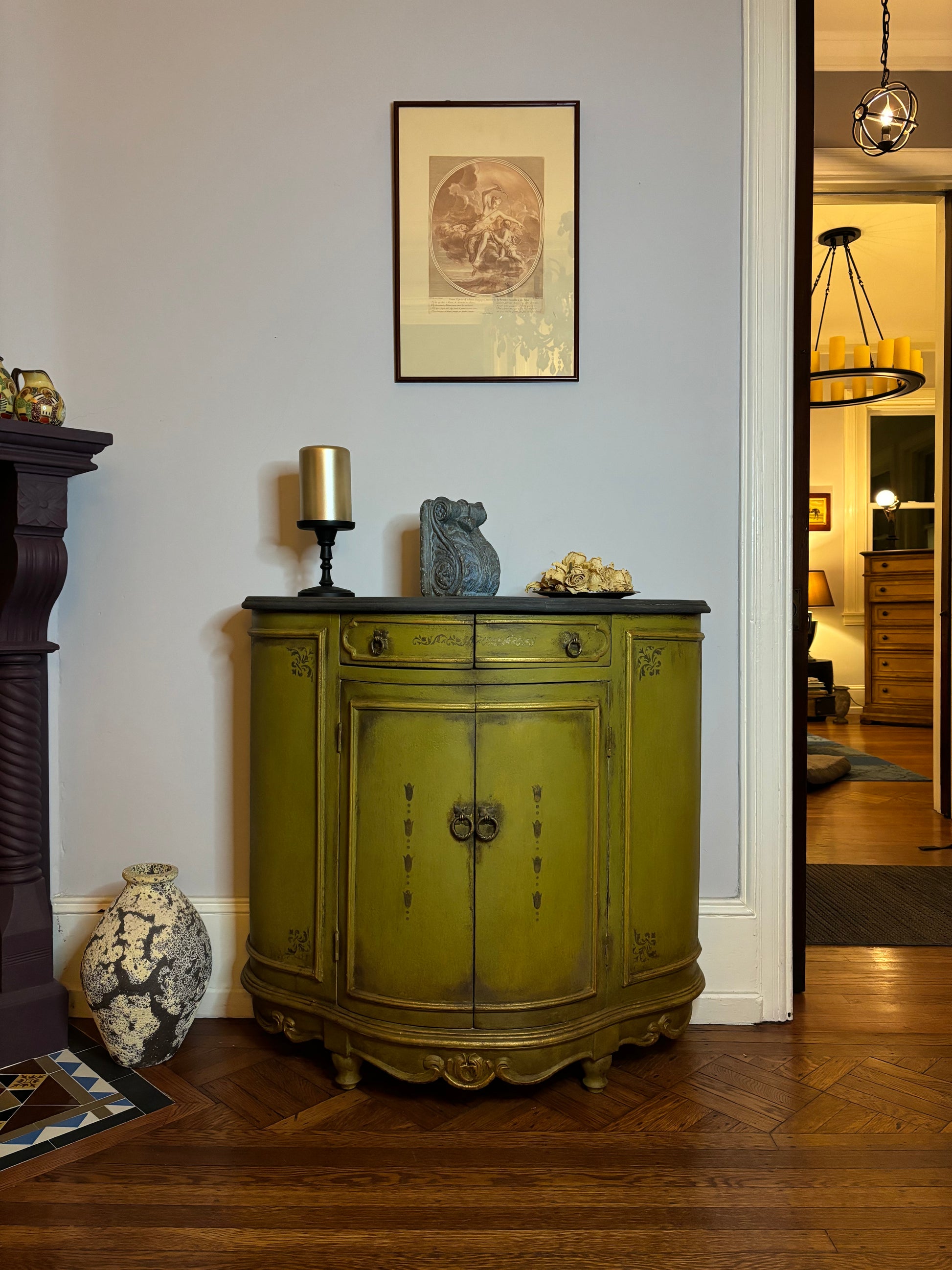 Small Round Italian Credenza - Olive Oil Green Body, Graphite Top, Stenciled Details,  Gold Trims – Tempera Technique Front