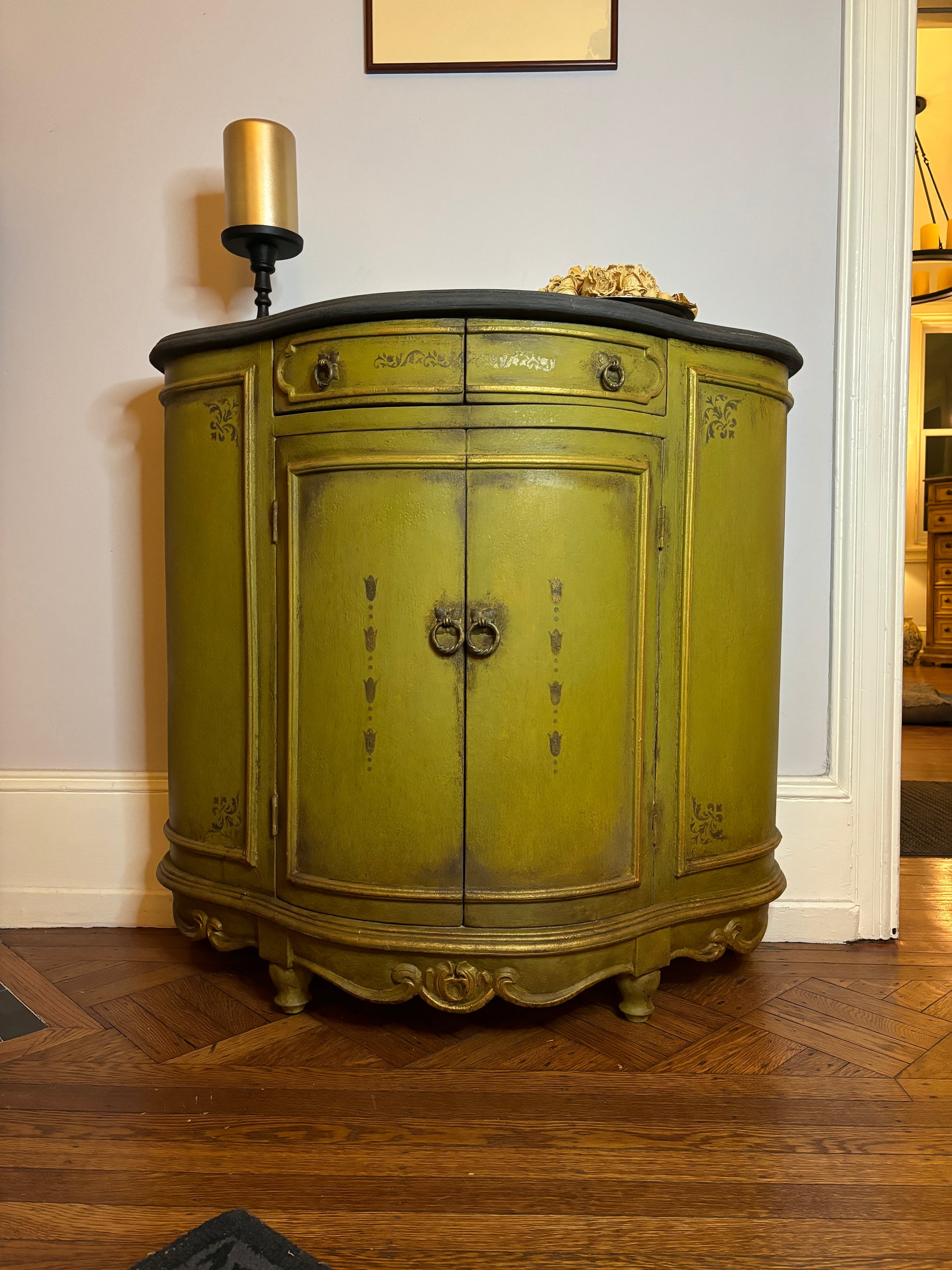 Small Round Italian Credenza - Olive Oil Green Body, Graphite Top, Stenciled Details,  Gold Trims – Tempera Technique front view 4
