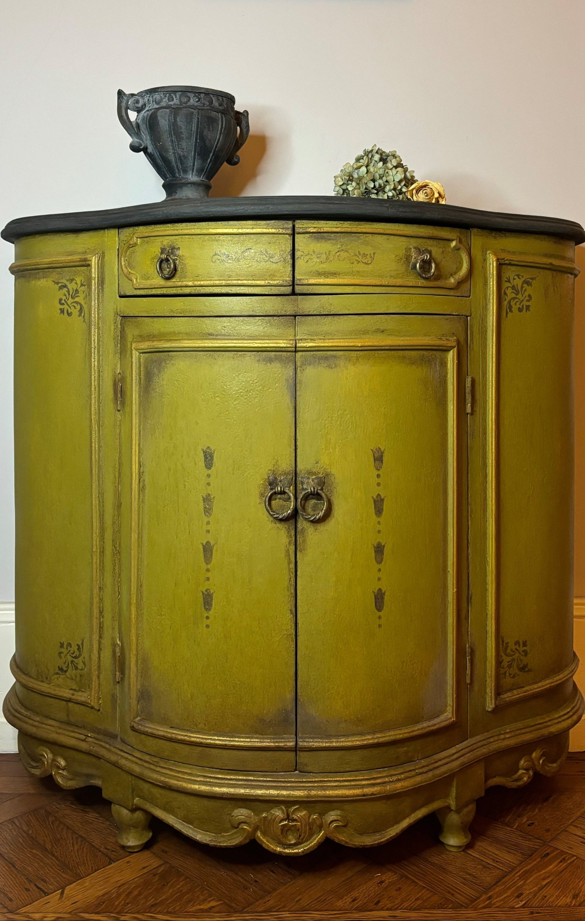 Small Round Italian Credenza - Olive Oil Green Body, Graphite Top, Stenciled Details,  Gold Trims – Tempera Technique Front 2
