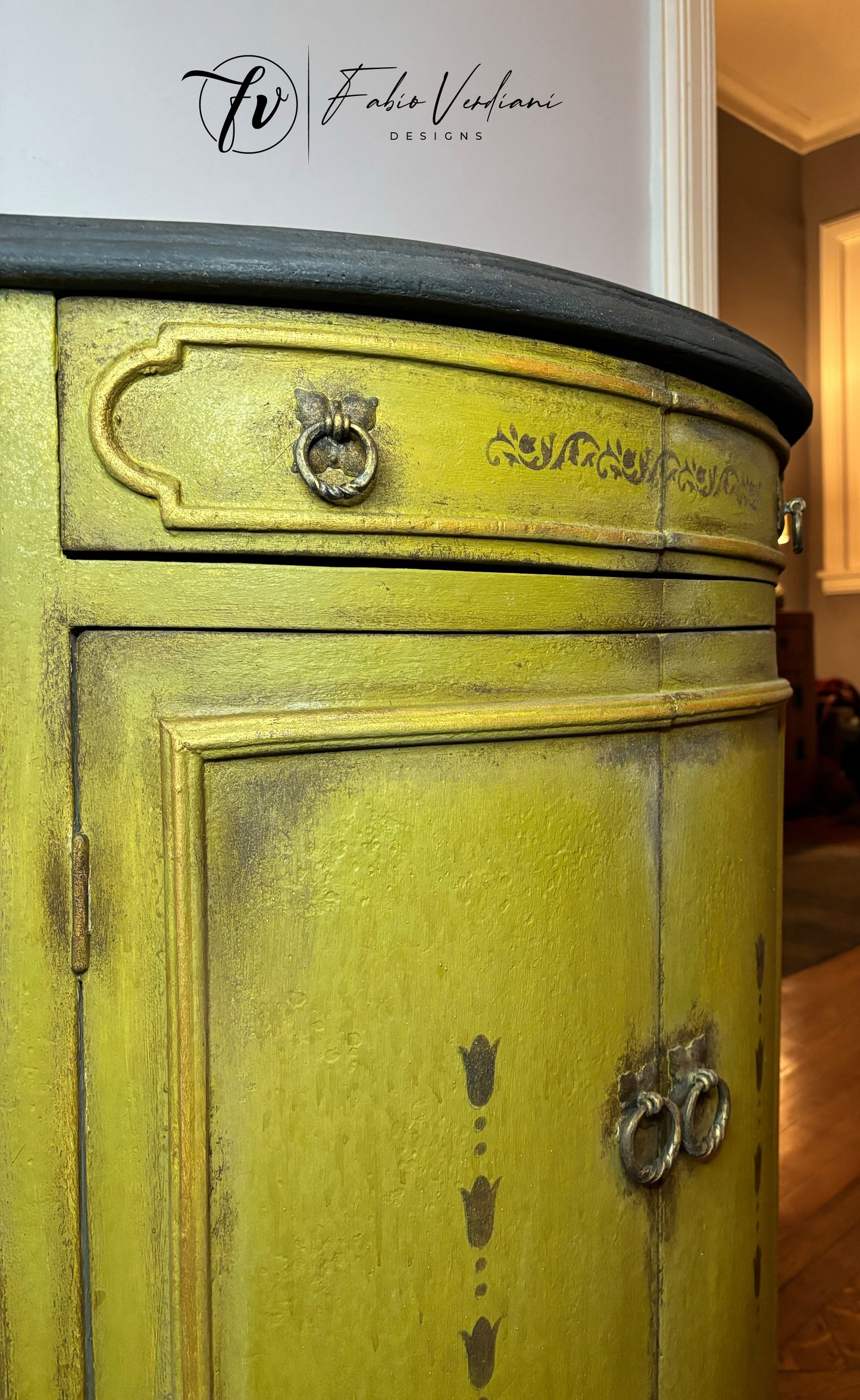 Small Round Italian Credenza - Olive Oil Green Body, Graphite Top, Stenciled Details,  Gold Trims – Tempera Technique view from left side