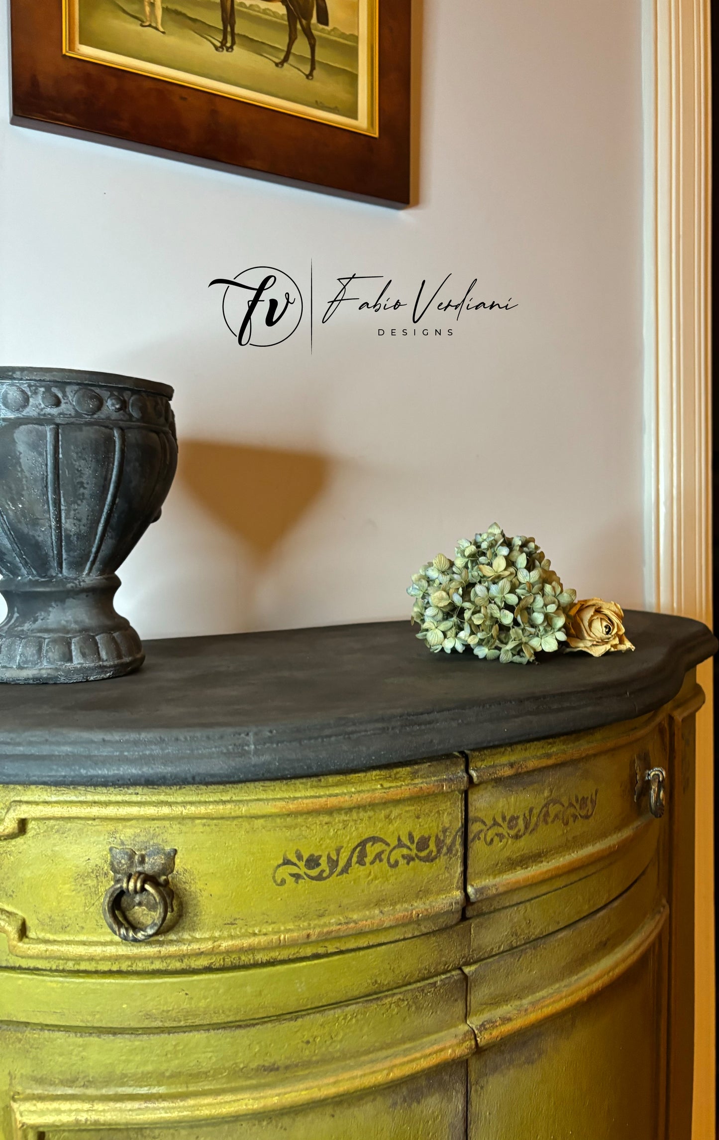 Small Round Italian Credenza - Olive Oil Green Body, Graphite Top, Stenciled Details,  Gold Trims – Tempera Technique view from top left