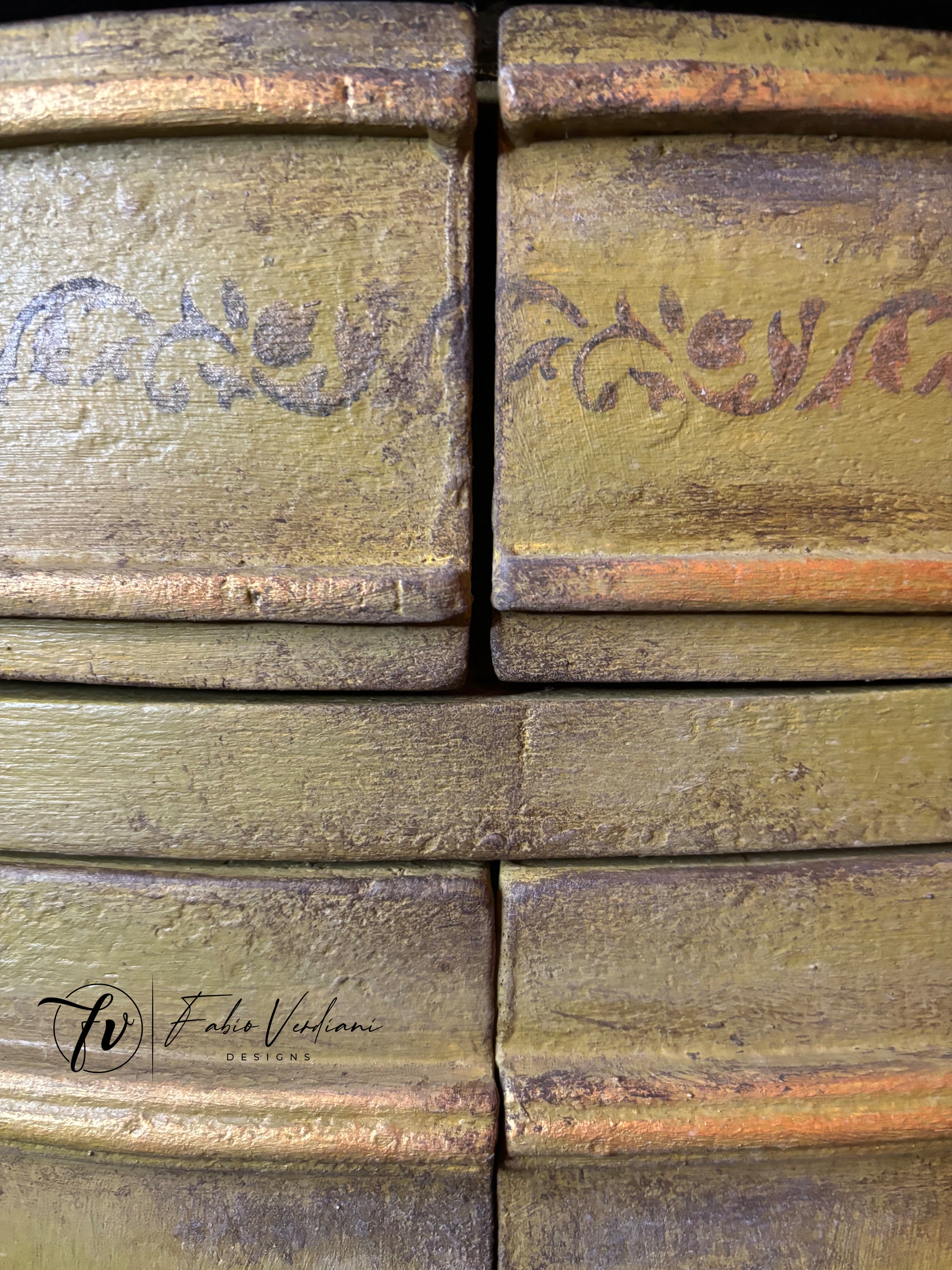 Small Round Italian Credenza - Olive Oil Green Body, Graphite Top, Stenciled Details,  Gold Trims – Tempera Technique stencil detail