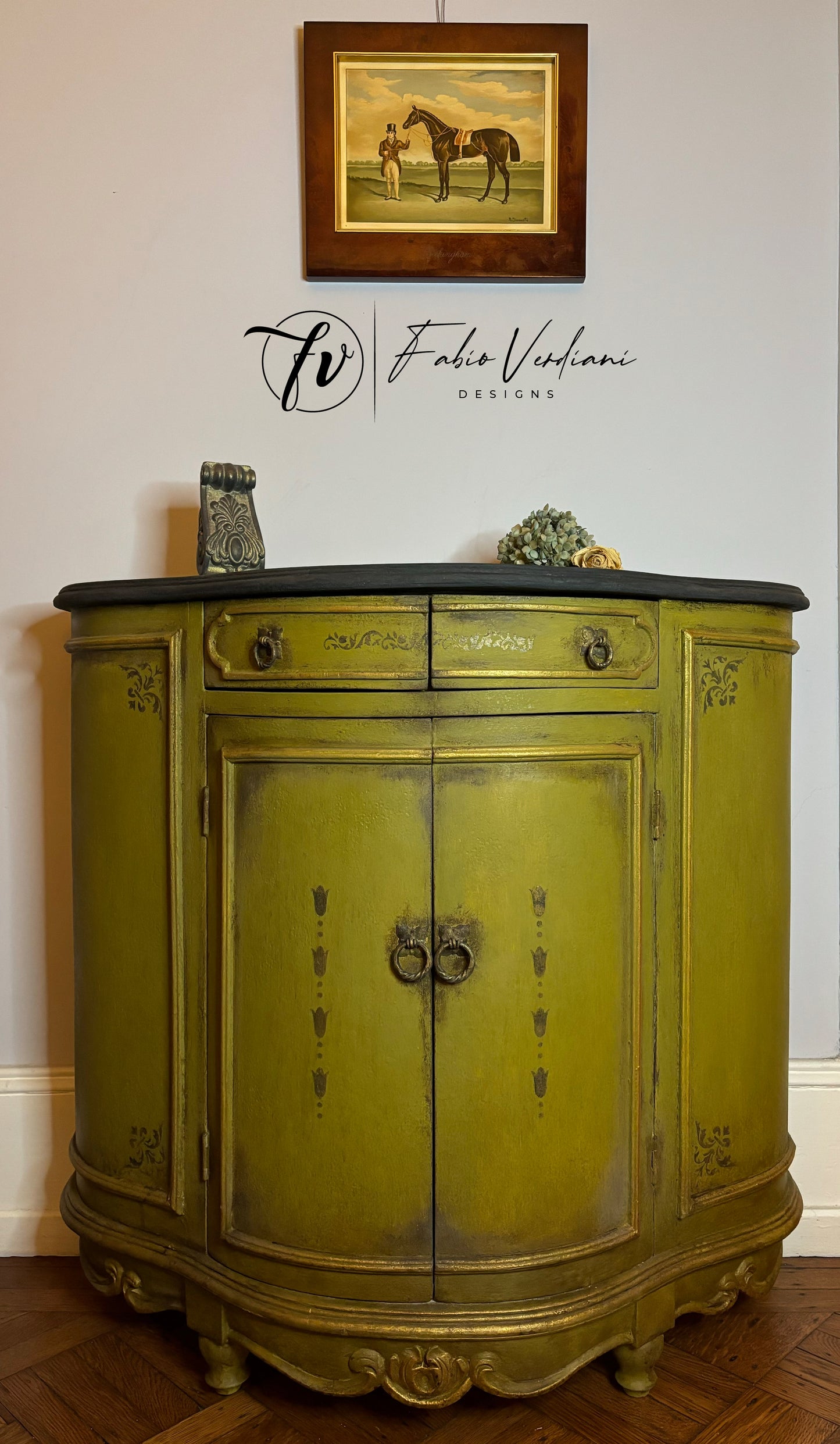 Small Round Italian Credenza - Olive Oil Green Body, Graphite Top, Stenciled Details,  Gold Trims – Tempera Technique front view 3