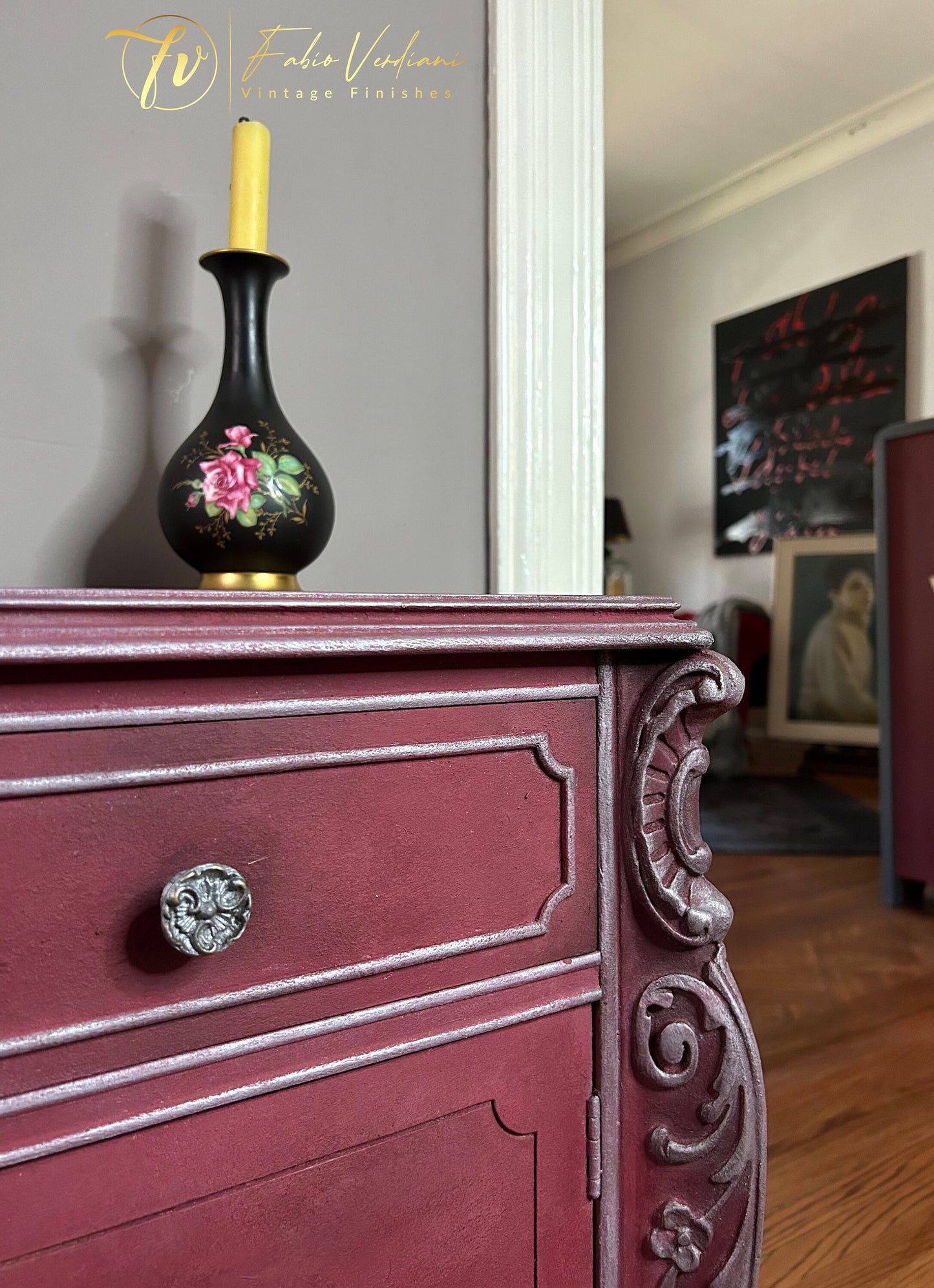 Small Vintage Nightstand - Burgundy and Silver detail upper right corner
