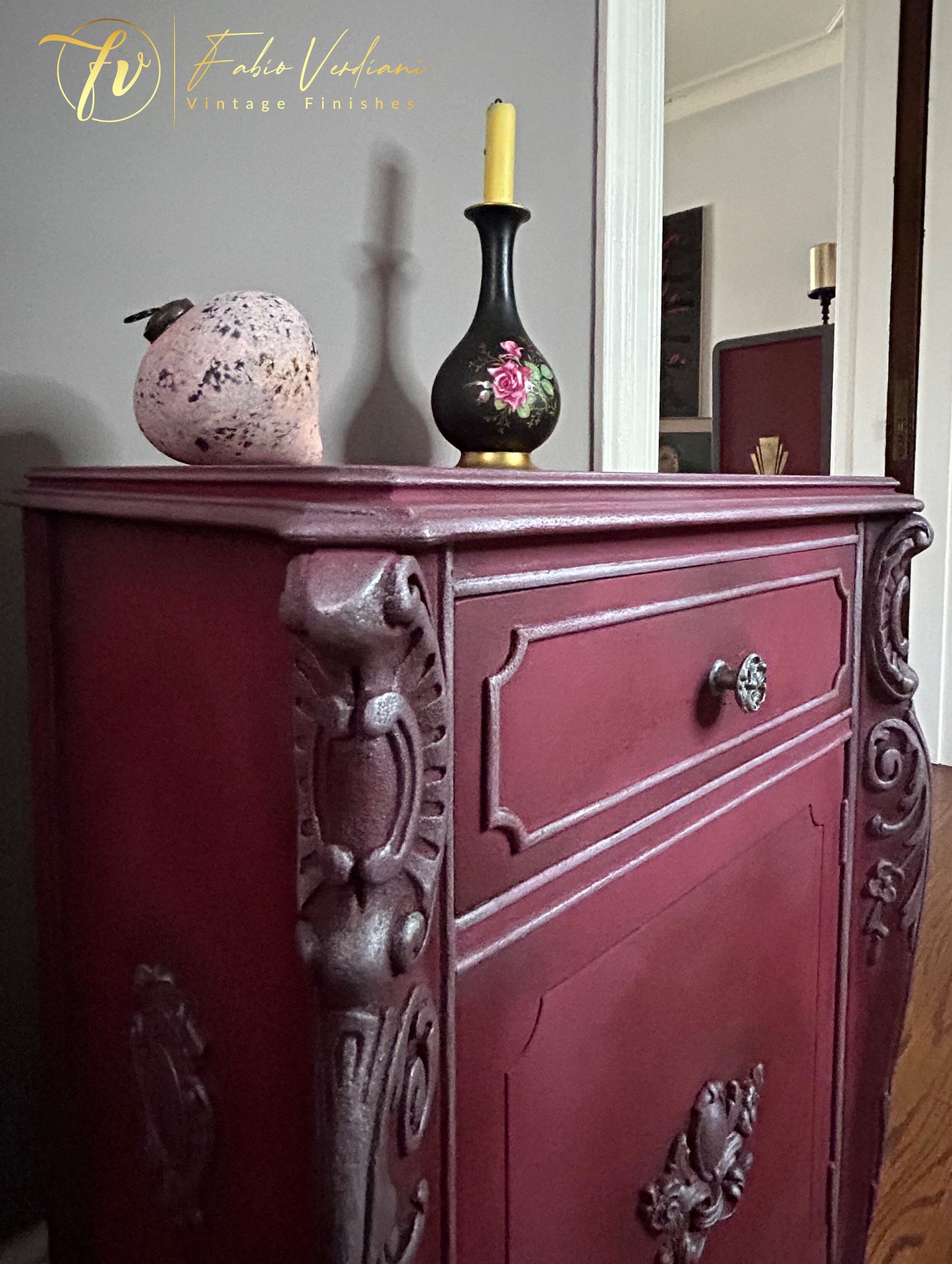 Small Vintage Nightstand - Burgundy and Silver detail upper left corner