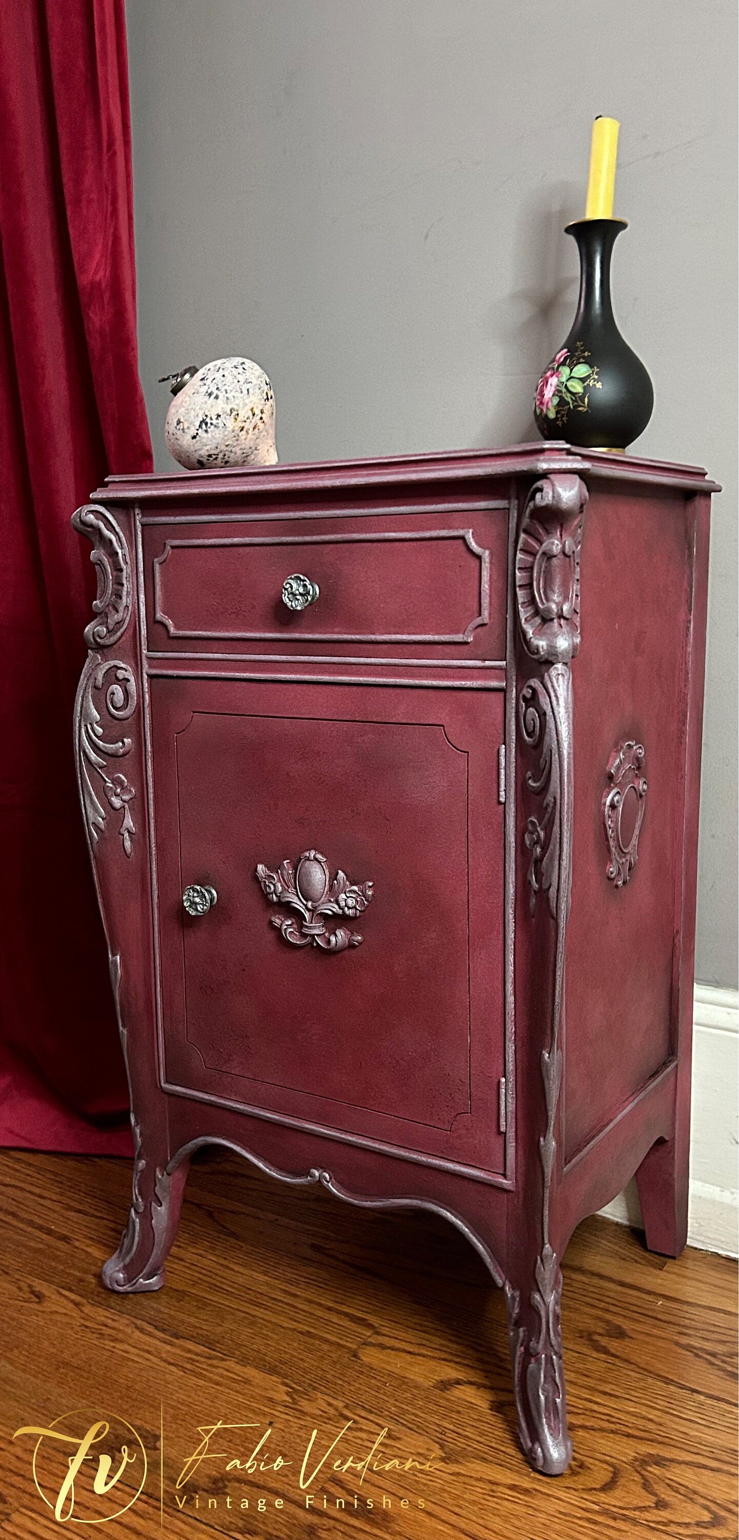 Small Vintage Nightstand - Burgundy and Silver front  and right side