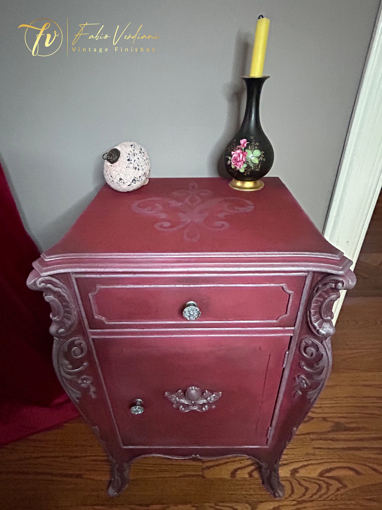 Small Vintage Nightstand - Burgundy and Silver top and front