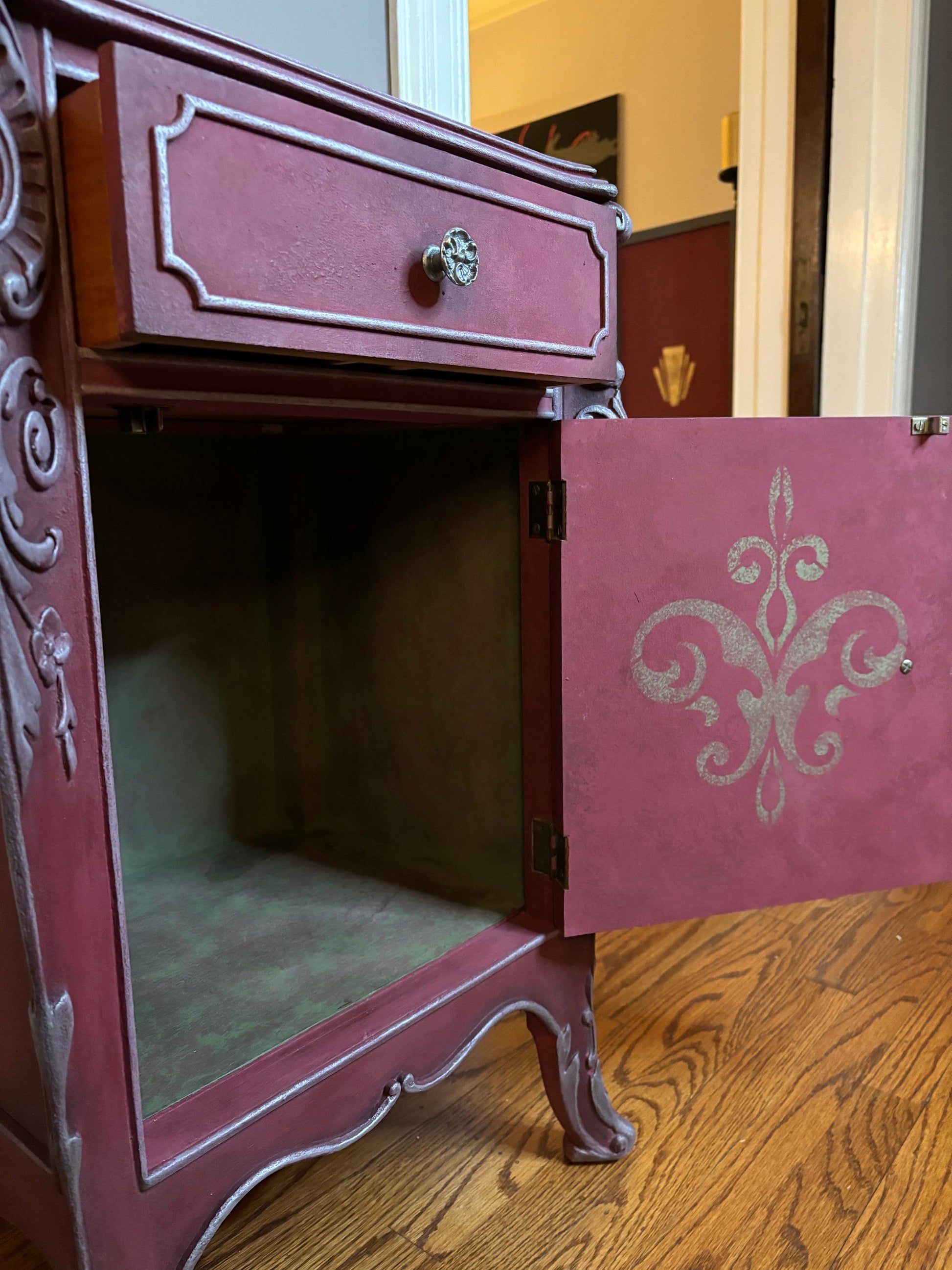 Small Vintage Nightstand - Burgundy and Silver inside