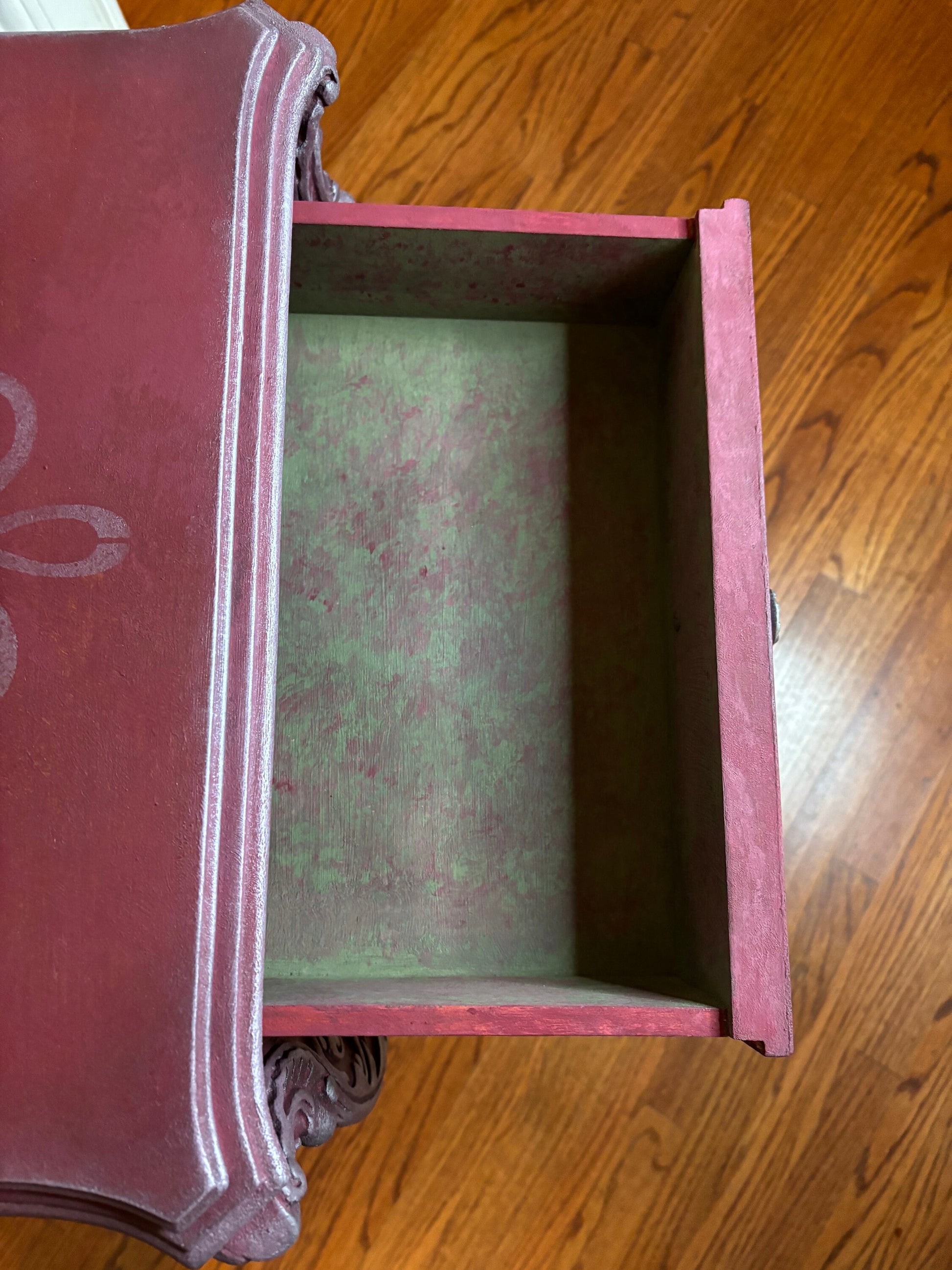 Small Vintage Nightstand - Burgundy and Silver drawer