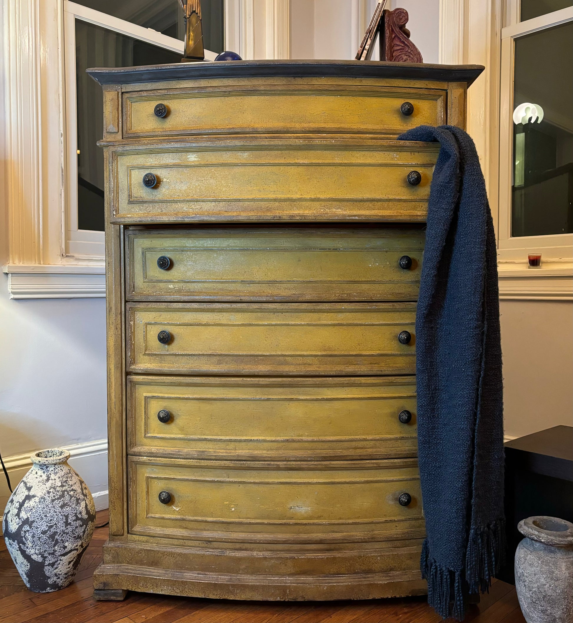 Tall Boy Dresser- Mustard Yellow and Dark Brown, distressed, Patina To Fabio Verdiani Designs Tall Boy Dresser- Mustard Yellow and Dark Brown, distressed, Patina To Fabio Verdiani Designs