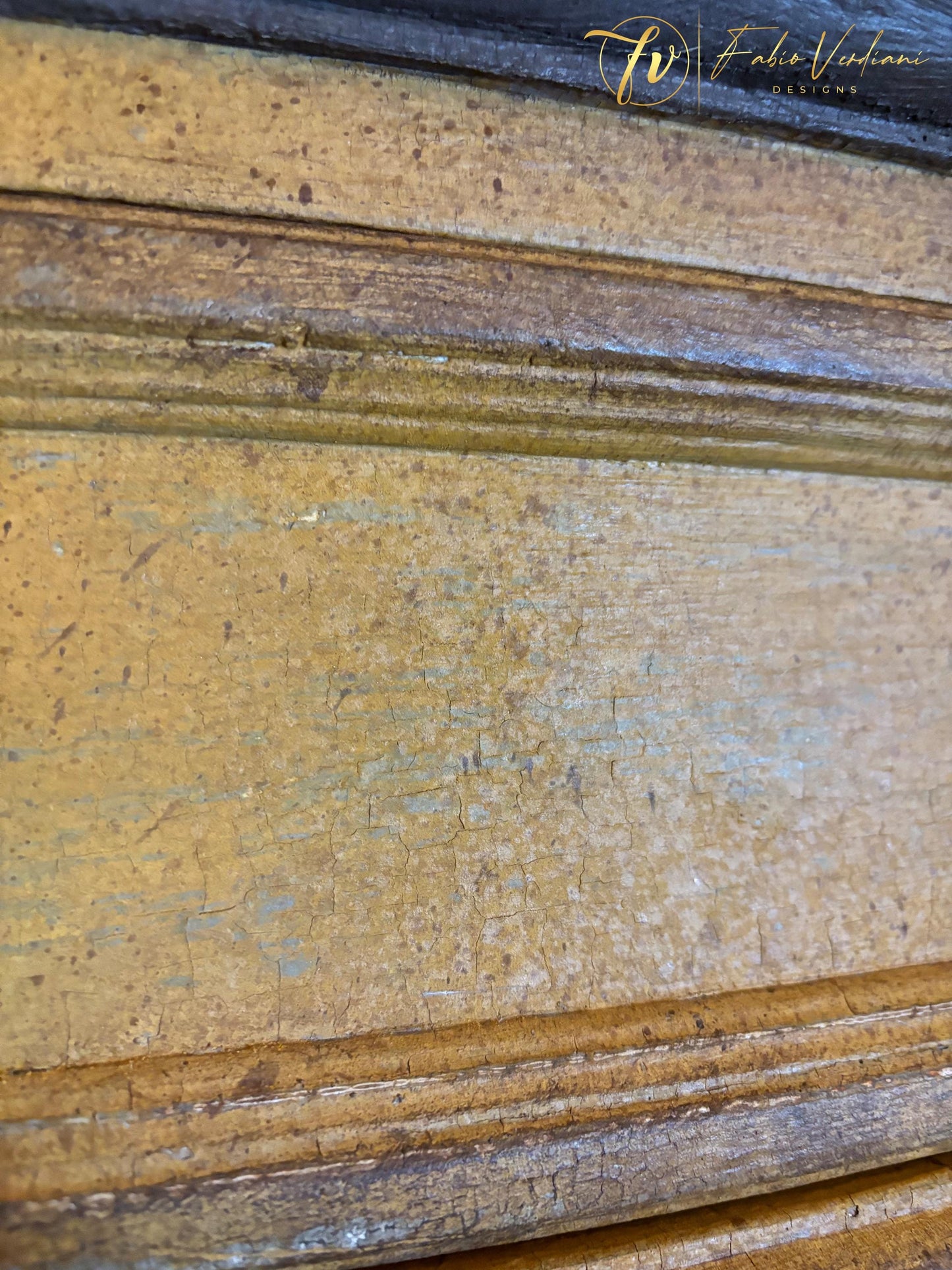 Tall Boy Dresser-  Mustard Yellow and Dark Brown, distressed, Patina Toscana Drawer Detail