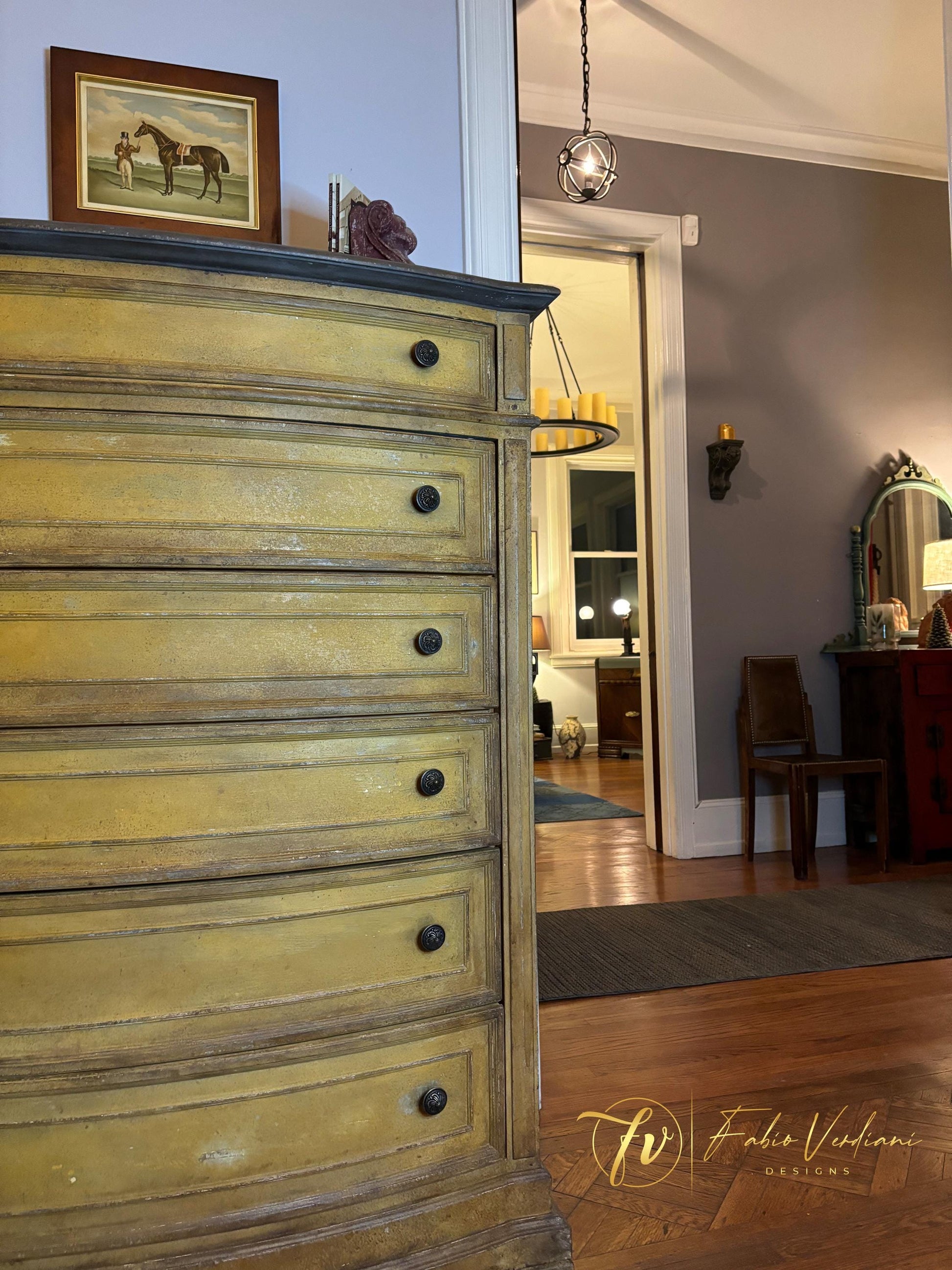 Tall Boy Dresser-  Mustard Yellow and Dark Brown, distressed, Patina Toscana view with right background