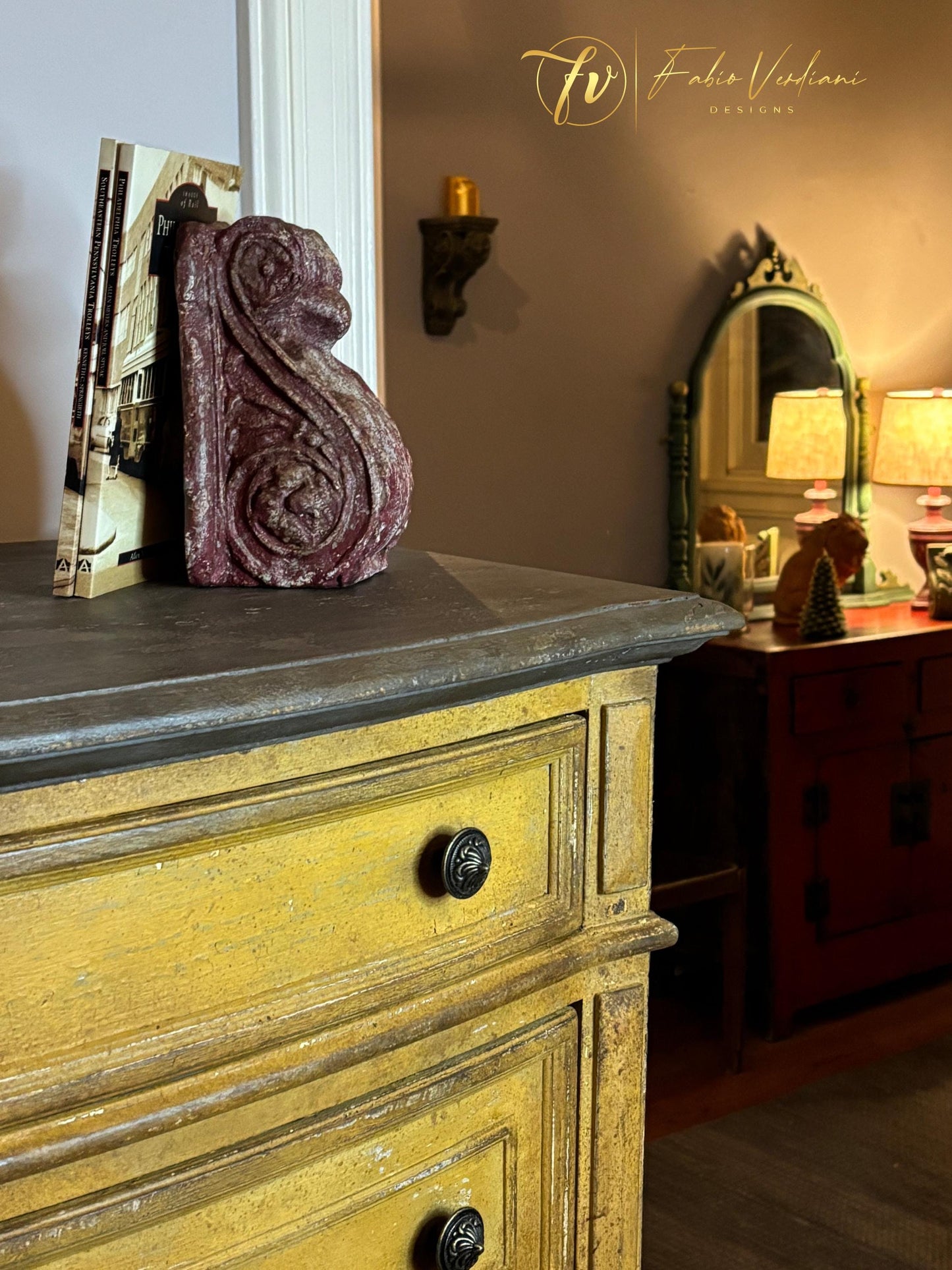 Tall Boy Dresser-  Mustard Yellow and Dark Brown, distressed, Patina Toscana left side take