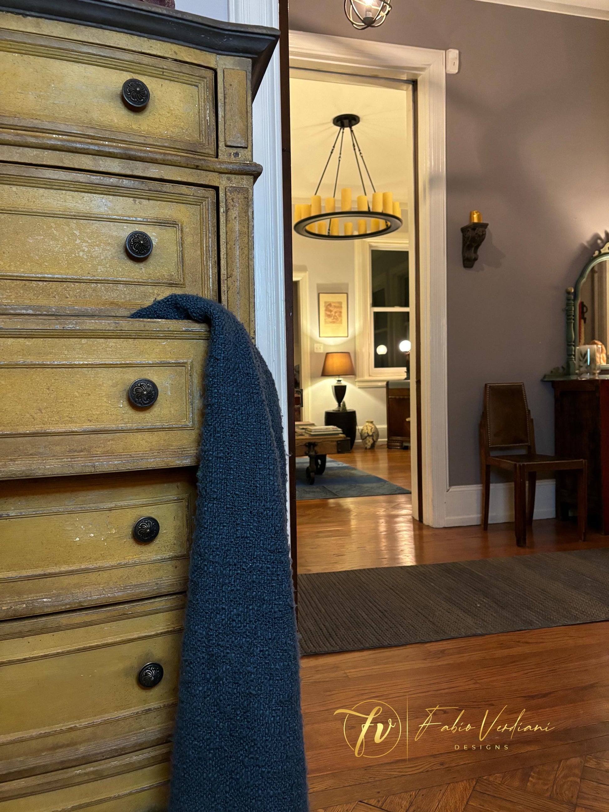 Tall Boy Dresser-  Mustard Yellow and Dark Brown, distressed, Patina Toscana right side view