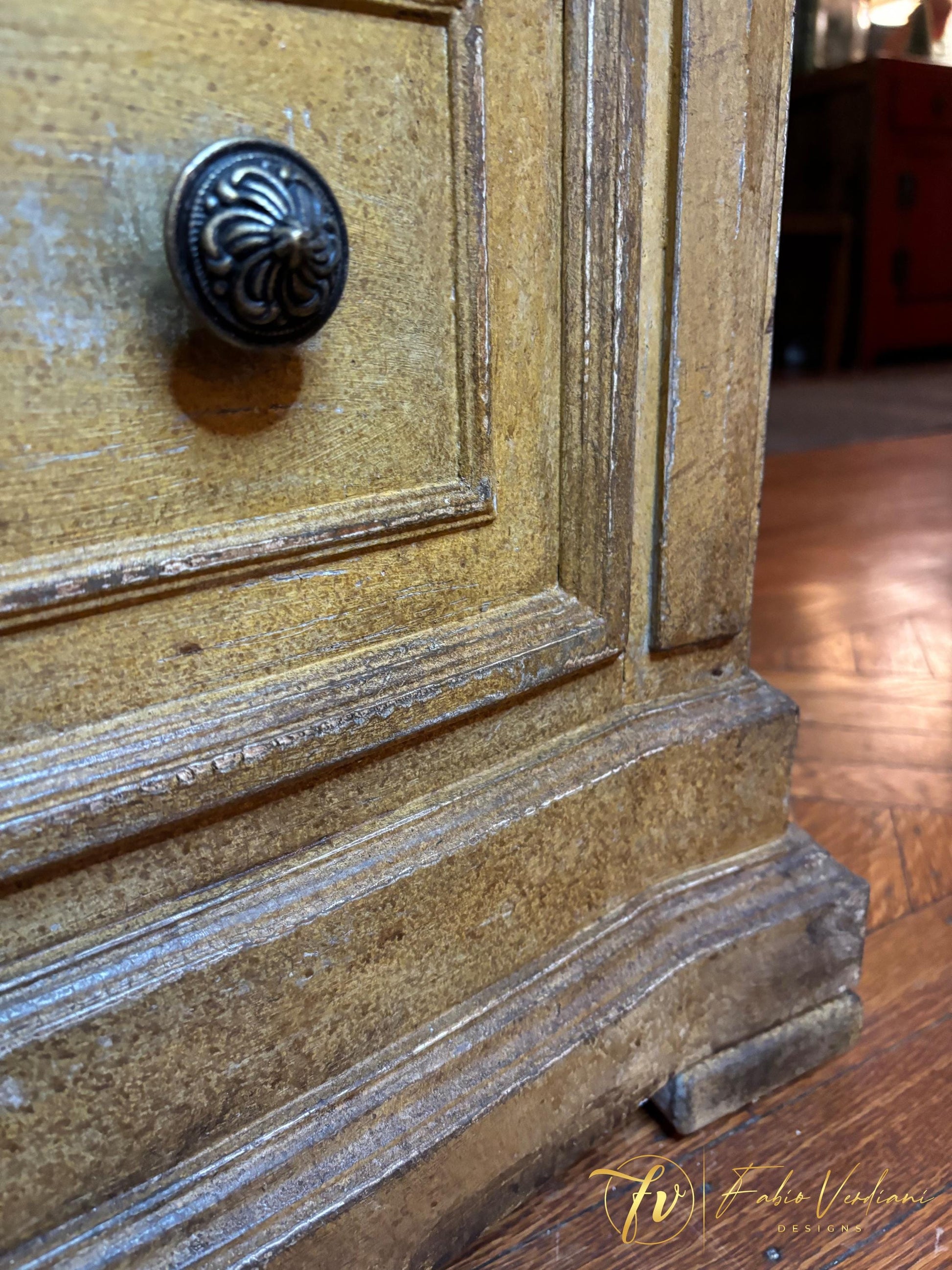 Tall Boy Dresser-  Mustard Yellow and Dark Brown, distressed, Patina Toscana foot detail