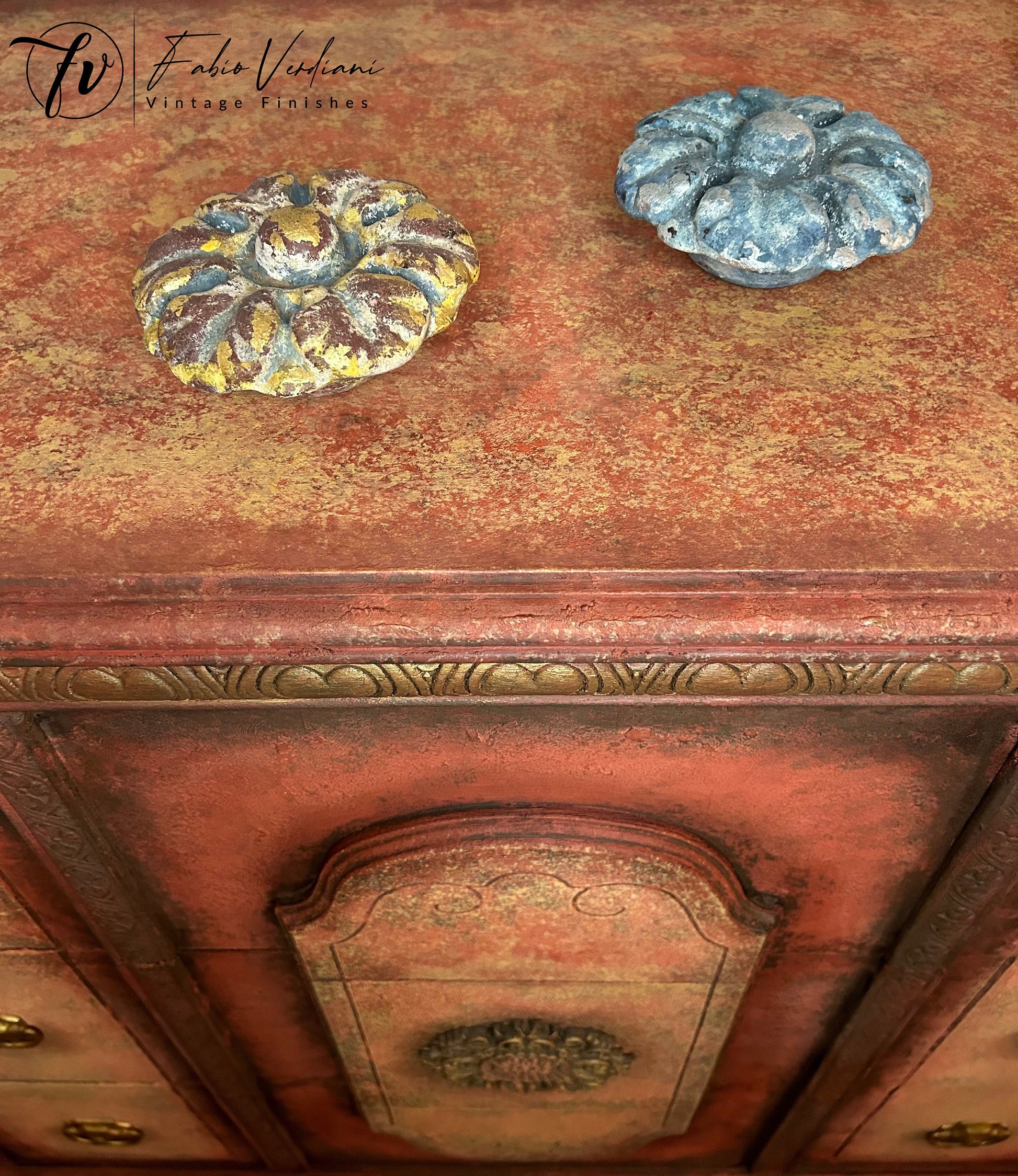 Tall Dresser Red and Yellow Moroccan Thirties style with moldings top  and front