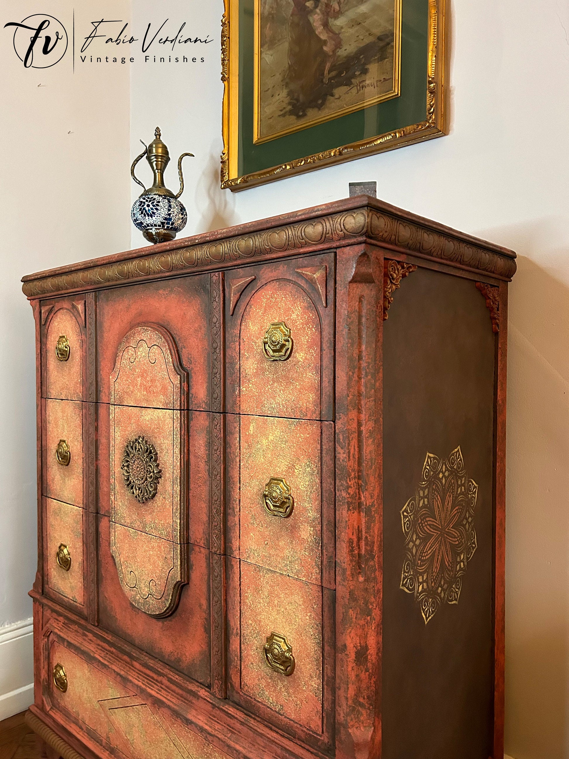 Tall Dresser Red and Yellow Moroccan Thirties style with moldings front right