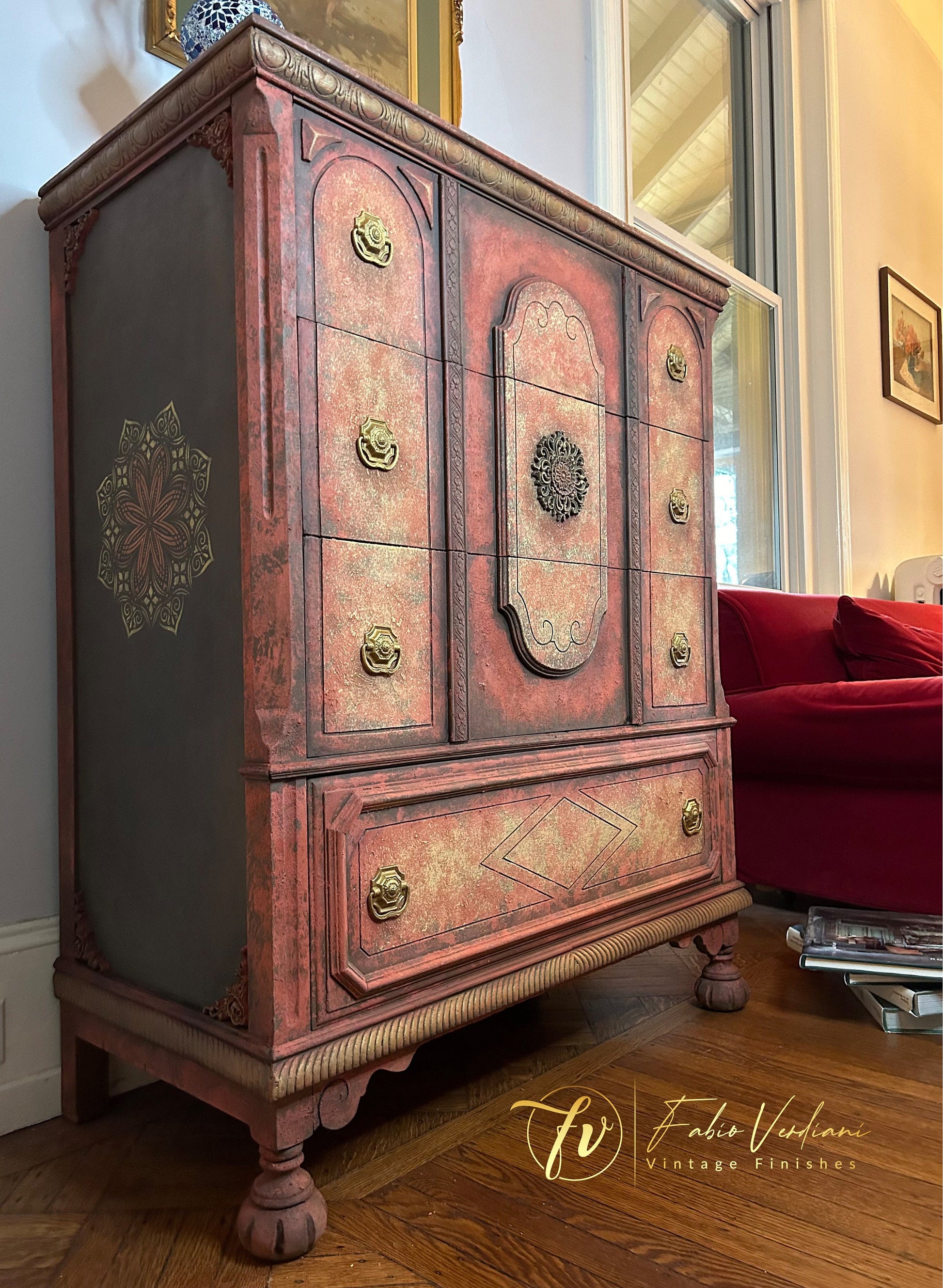 Tall Dresser Red and Yellow Moroccan Thirties style with moldings front left