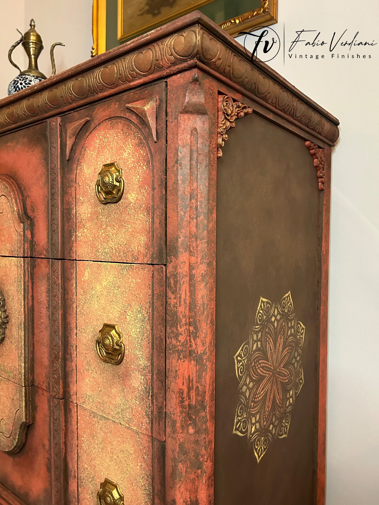 Tall Dresser Red and Yellow Moroccan Thirties style with moldings front right close up