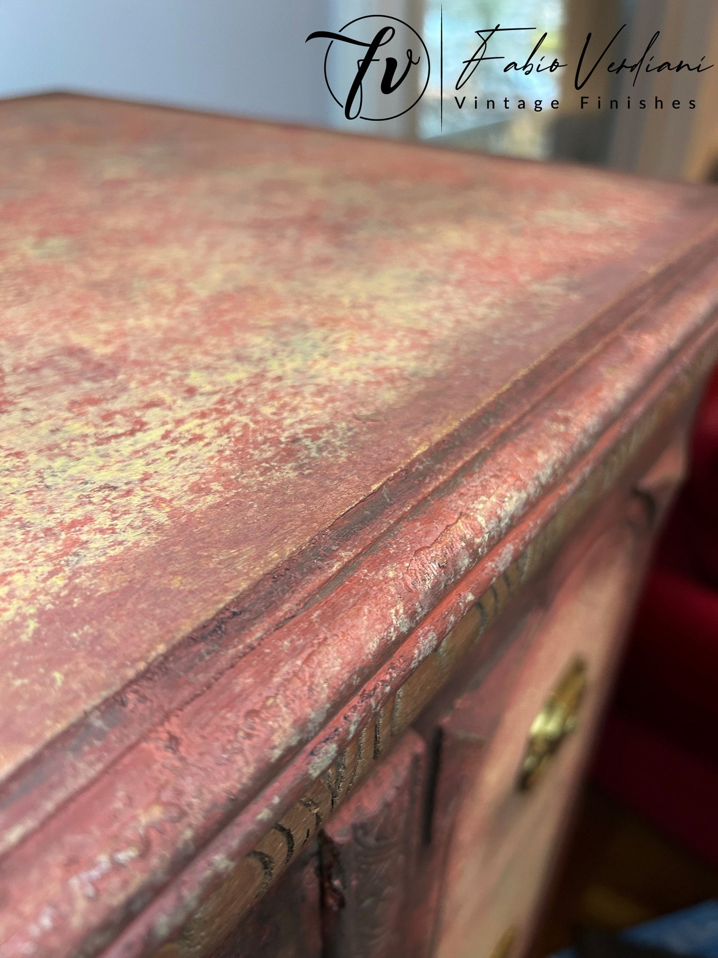 Tall Dresser Red and Yellow Moroccan Thirties style with moldings Top close up