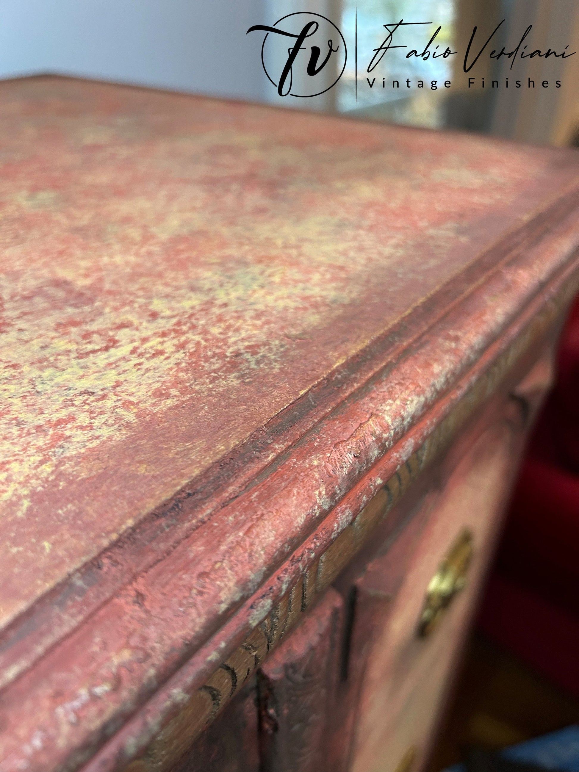 Tall Dresser Red and Yellow Moroccan Thirties style with moldings Top close up