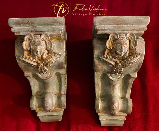Distressed Faux Metal and Bronze Wax Corbel Brackets – Set of 2