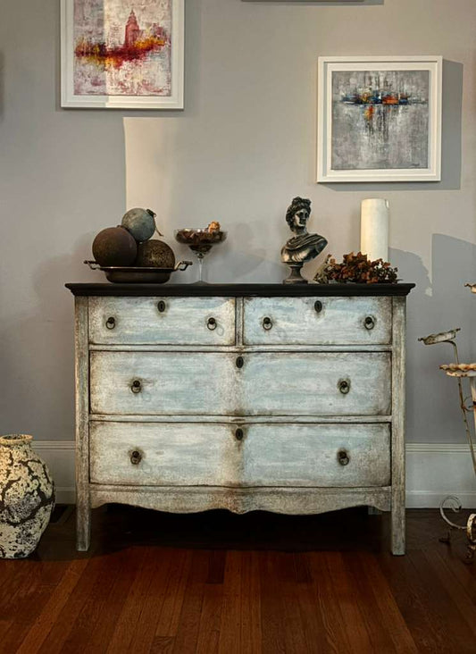 Provenzal Chest of Drawers, white and blue layered patina, charcoal distressed top