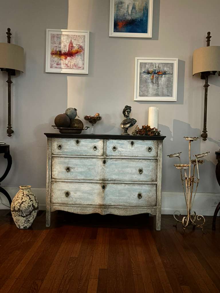 Provenzal Chest of Drawers, white and blue layered patina, charcoal distressed top