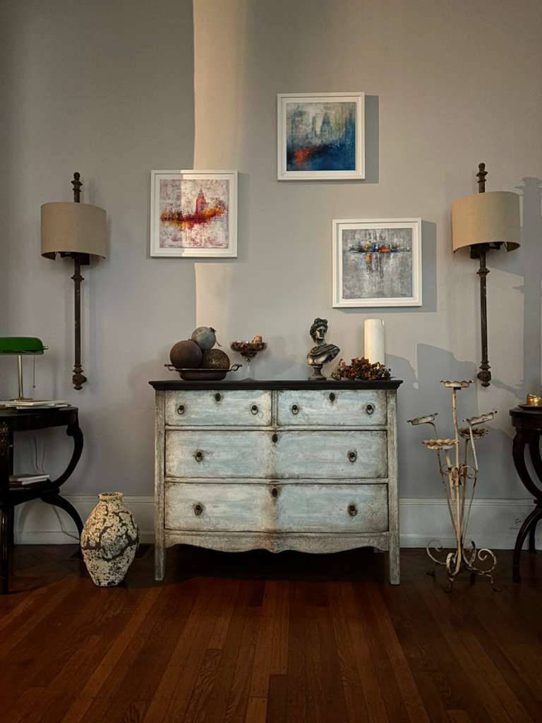 Provenzal Chest of Drawers, white and blue layered patina, charcoal distressed top