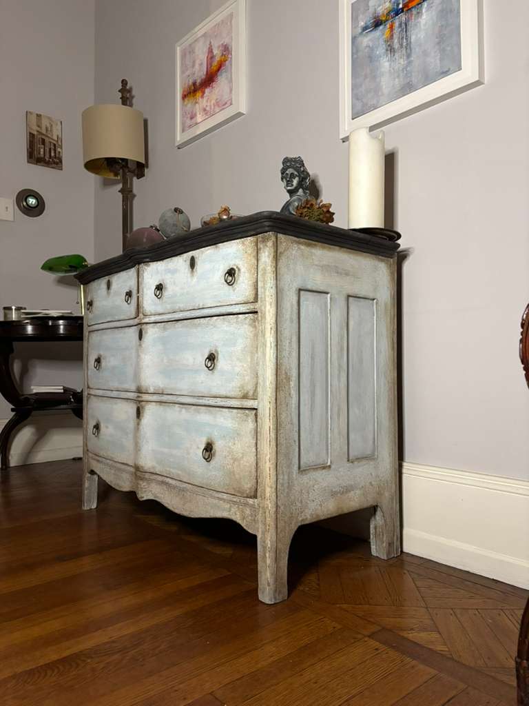 Provenzal Chest of Drawers, white and blue layered patina, charcoal distressed top