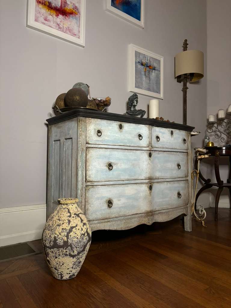 Provenzal Chest of Drawers, white and blue layered patina, charcoal distressed top