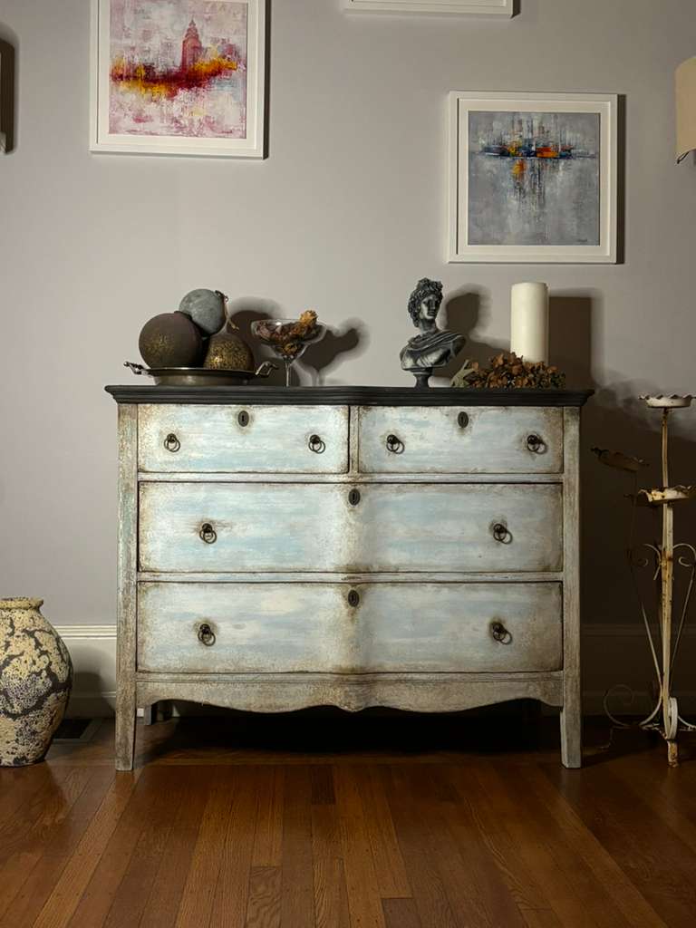 Provenzal Chest of Drawers, white and blue layered patina, charcoal distressed top