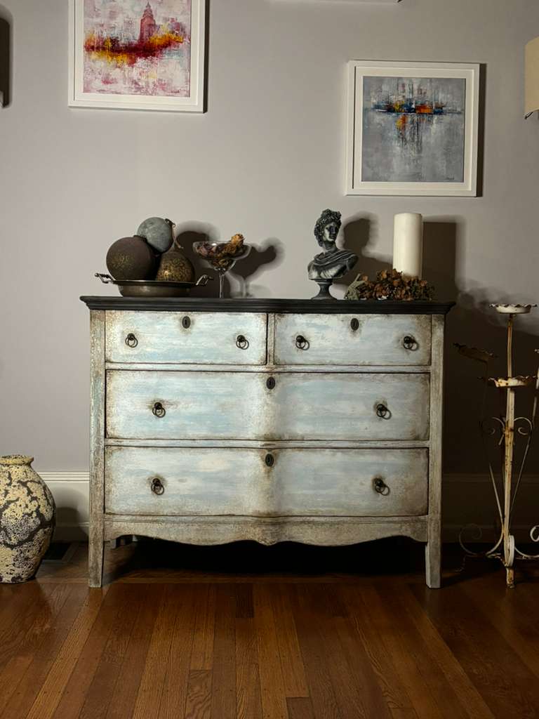 Provenzal Chest of Drawers, white and blue layered patina, charcoal distressed top