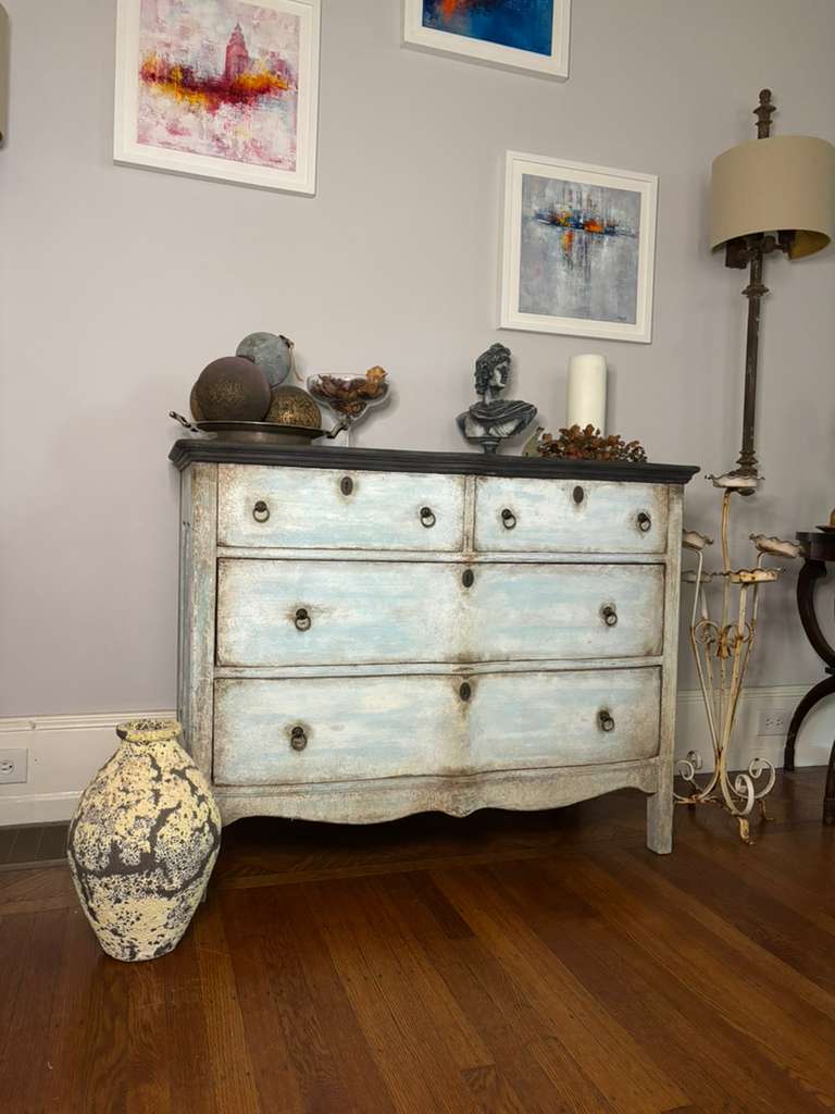 Provenzal Chest of Drawers, white and blue layered patina, charcoal distressed top