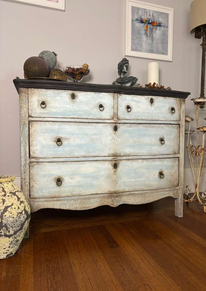 Provenzal Chest of Drawers, white and blue layered patina, charcoal distressed top