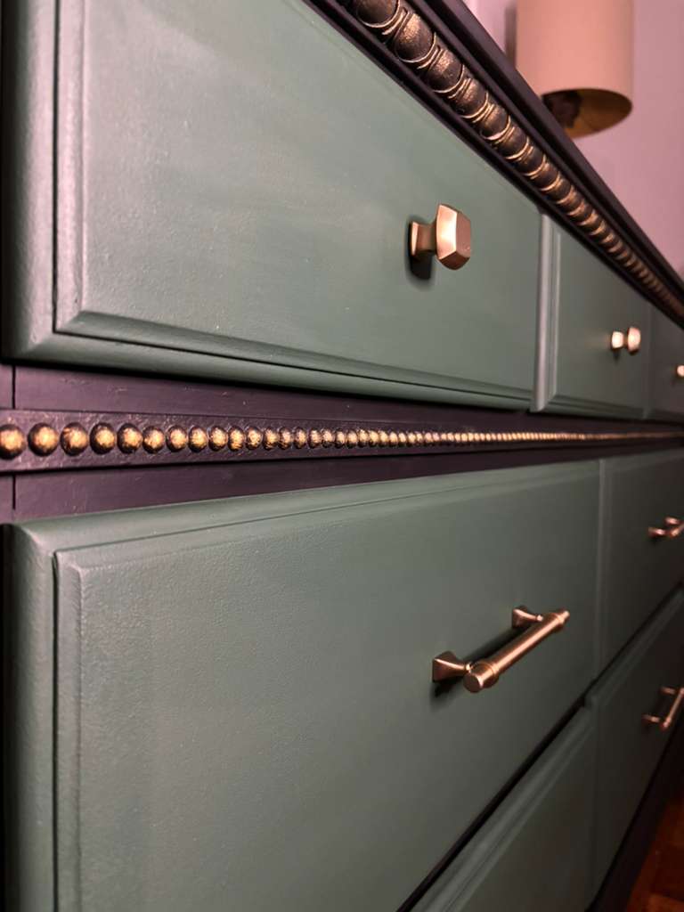 Solid Mahogany 7 Drawers Chest finished in emerald green and black with touches of gold.