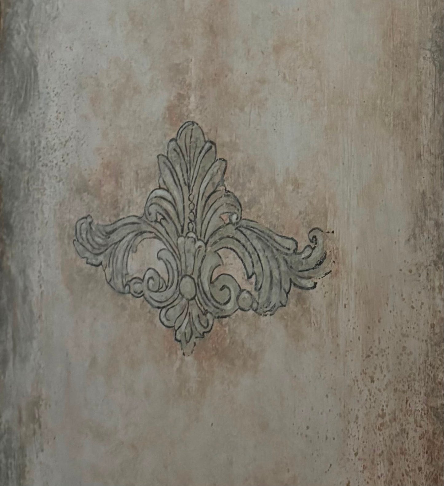 Vintage chest of drawers,  hand-finished limestone patina, subtle ornamental details, and rich bronze hardware for understated European elegance