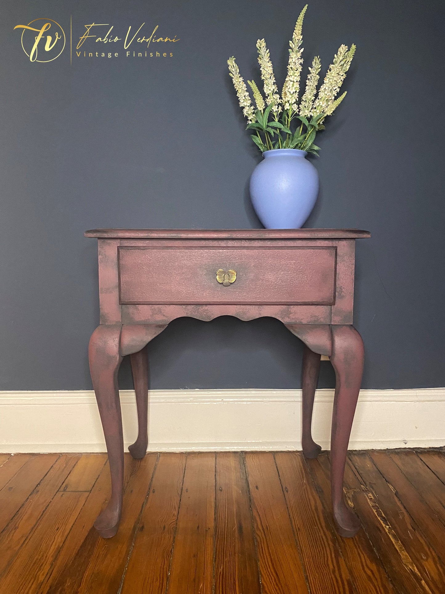 Coffee Table in Graphite and Orchid chalk paint, old gold  top stencil and moldings, orchid shaped hardware, inside drawer decoupage